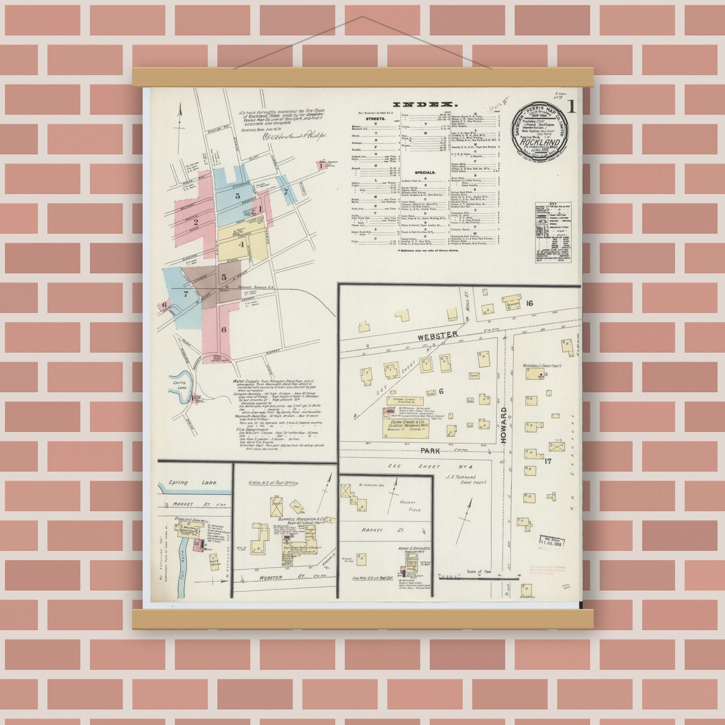 Old map wall art mockup — magnetic wood frame on brick wall — Sanborn Fire Insurance Map from Rockland, Plymouth County, Massachusetts (1891), Sheet #0001