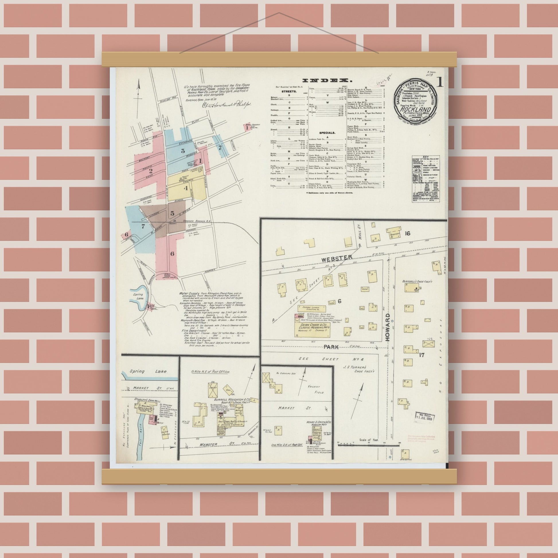 Old map wall art mockup — magnetic wood frame on brick wall — Sanborn Fire Insurance Map from Rockland, Plymouth County, Massachusetts (1891), Sheet #0001