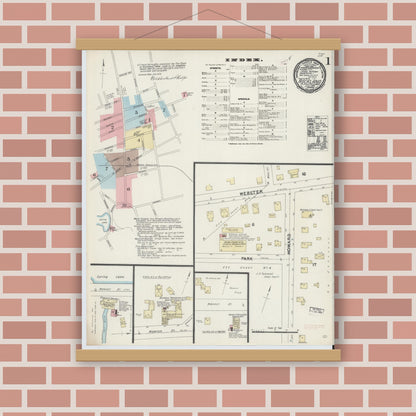 Old map wall art mockup — magnetic wood frame on brick wall — Sanborn Fire Insurance Map from Rockland, Plymouth County, Massachusetts (1891), Sheet #0001