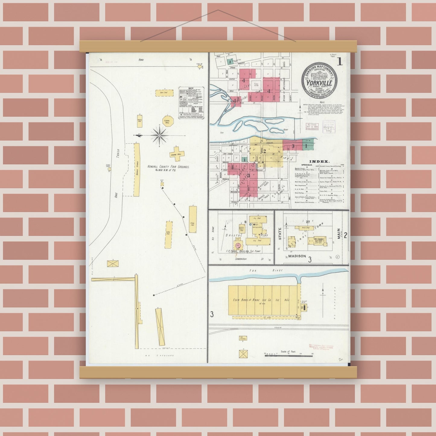 Old map wall art mockup — magnetic wood frame on brick wall — Sanborn Fire Insurance Map from Yorkville, Kendall County, Illinois (1905), Sheet #0001