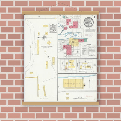 Old map wall art mockup — magnetic wood frame on brick wall — Sanborn Fire Insurance Map from Yorkville, Kendall County, Illinois (1905), Sheet #0001