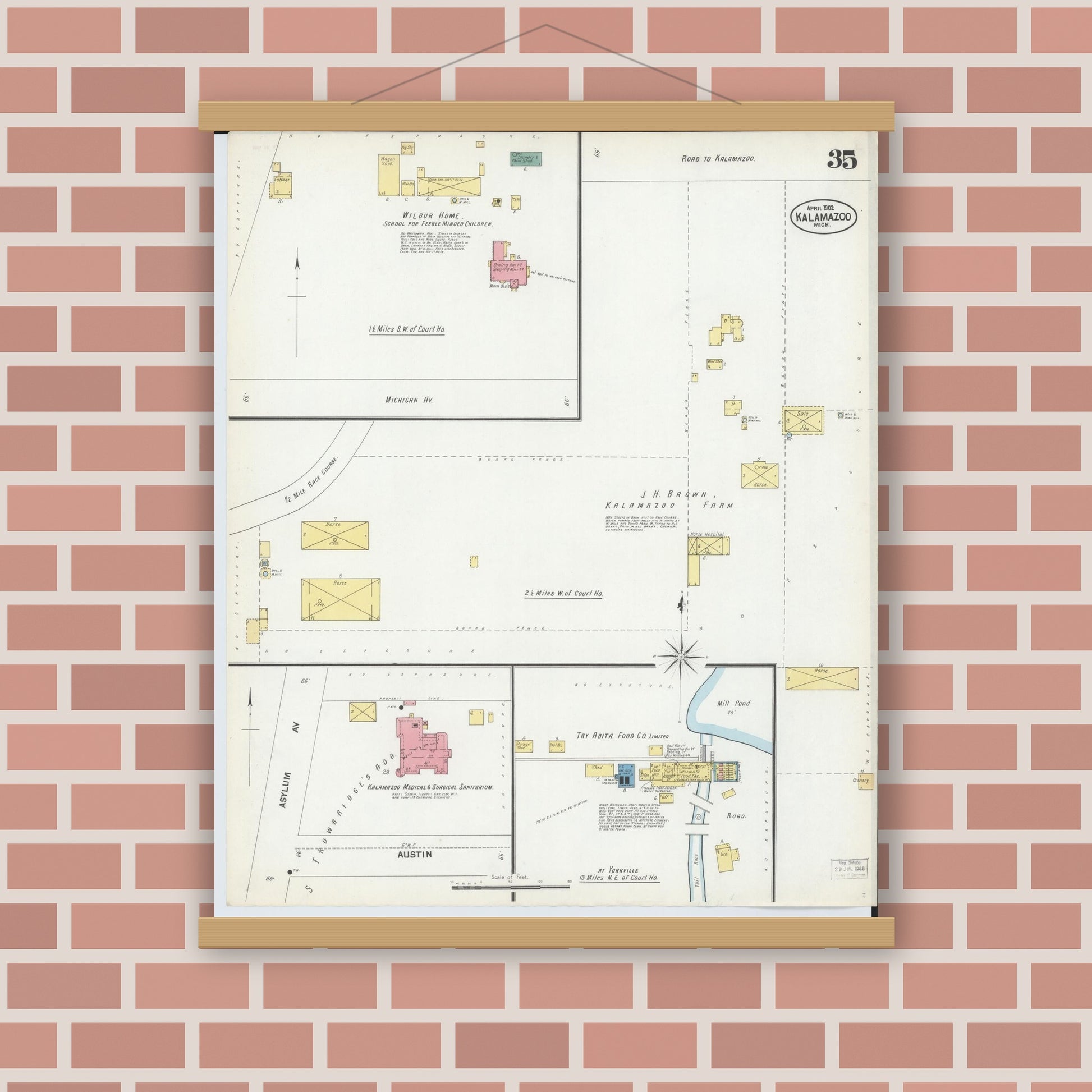 Old map wall art mockup — magnetic wood frame on brick wall — Sanborn Fire Insurance Map from Kalamazoo, Kalamazoo County, Michigan (1902), Sheet #0035