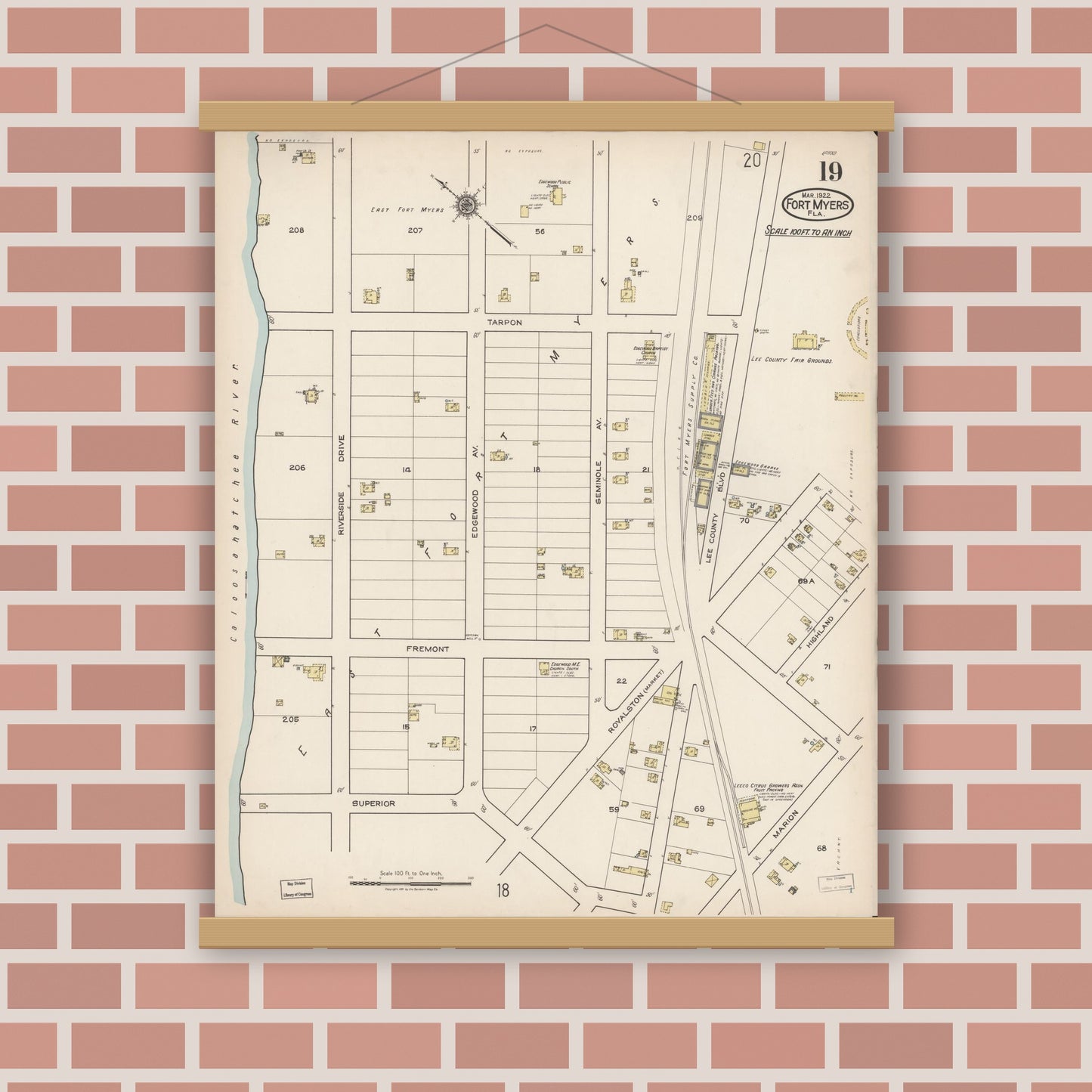 Old map wall art mockup — magnetic wood frame on brick wall — Sanborn Fire Insurance Map from Fort Myers, Lee County, Florida (1922), Sheet #0019