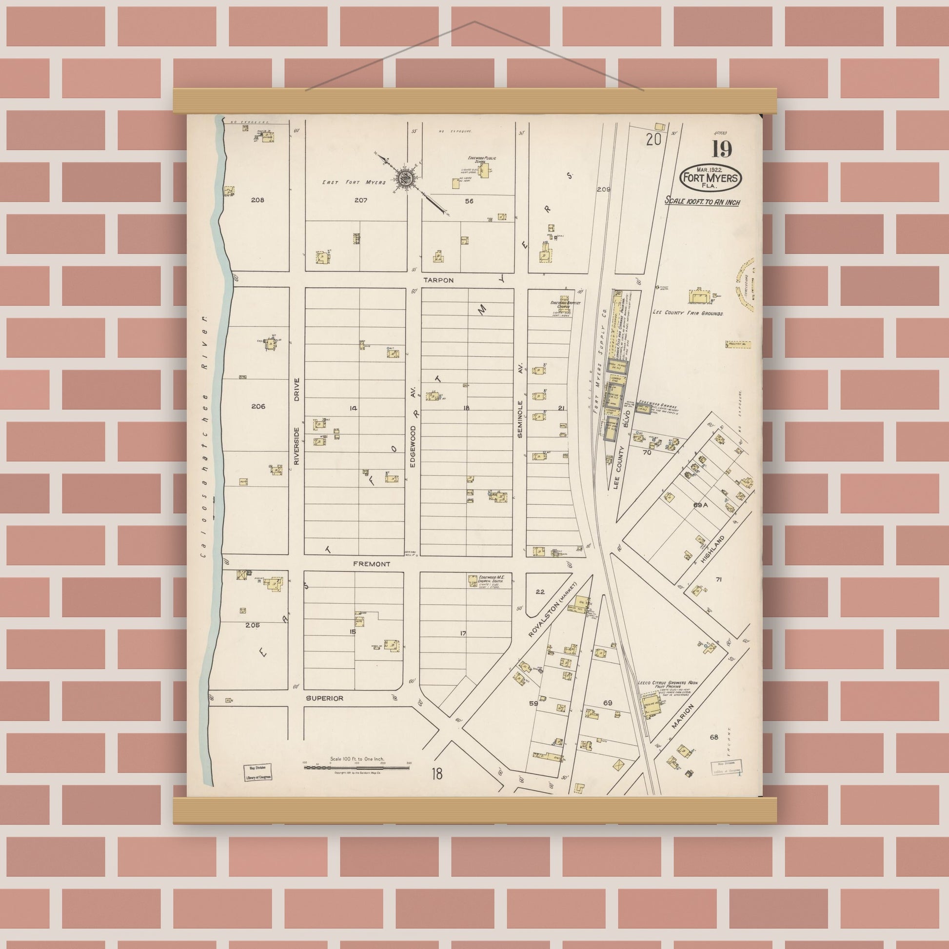 Old map wall art mockup — magnetic wood frame on brick wall — Sanborn Fire Insurance Map from Fort Myers, Lee County, Florida (1922), Sheet #0019