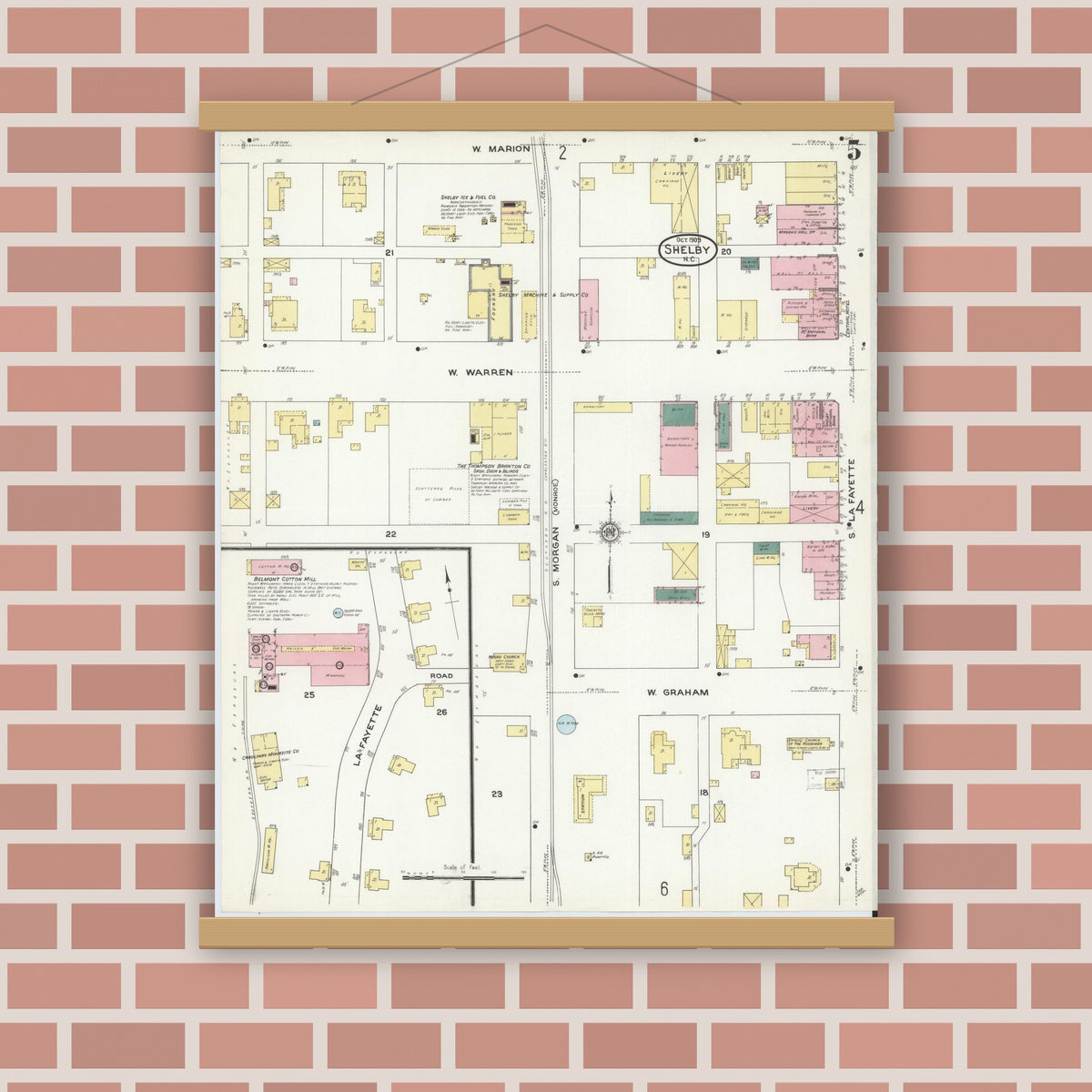 Old map wall art mockup — magnetic wood frame on brick wall — Sanborn Fire Insurance Map from Shelby, Cleveland County, North Carolina (1909), Sheet #0005