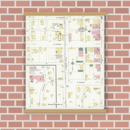 Old map wall art mockup — magnetic wood frame on brick wall — Sanborn Fire Insurance Map from Shelby, Cleveland County, North Carolina (1909), Sheet #0005