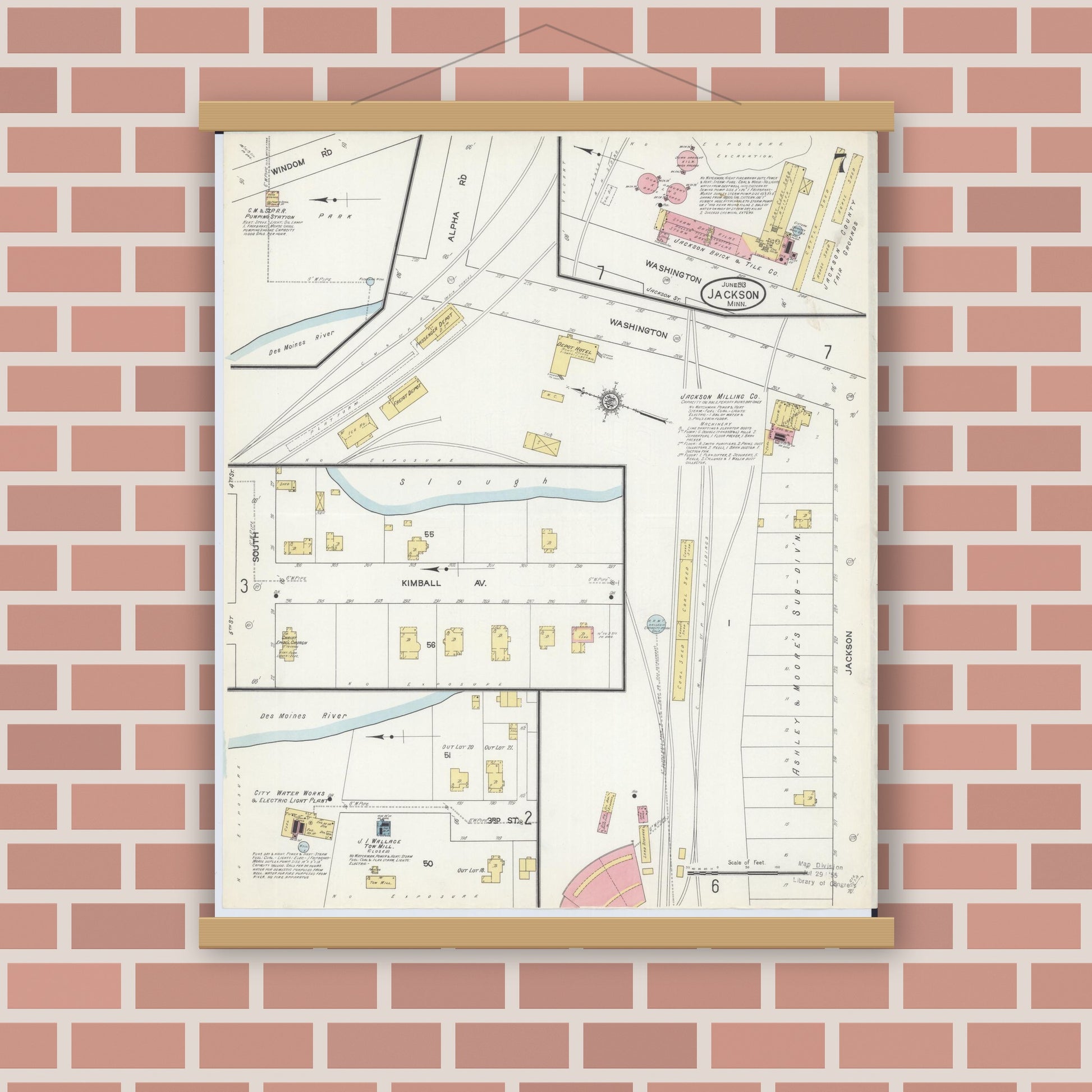 Old map wall art mockup — magnetic wood frame on brick wall — Sanborn Fire Insurance Map from Jackson, Jackson County, Minnesota (1913), Sheet #0007