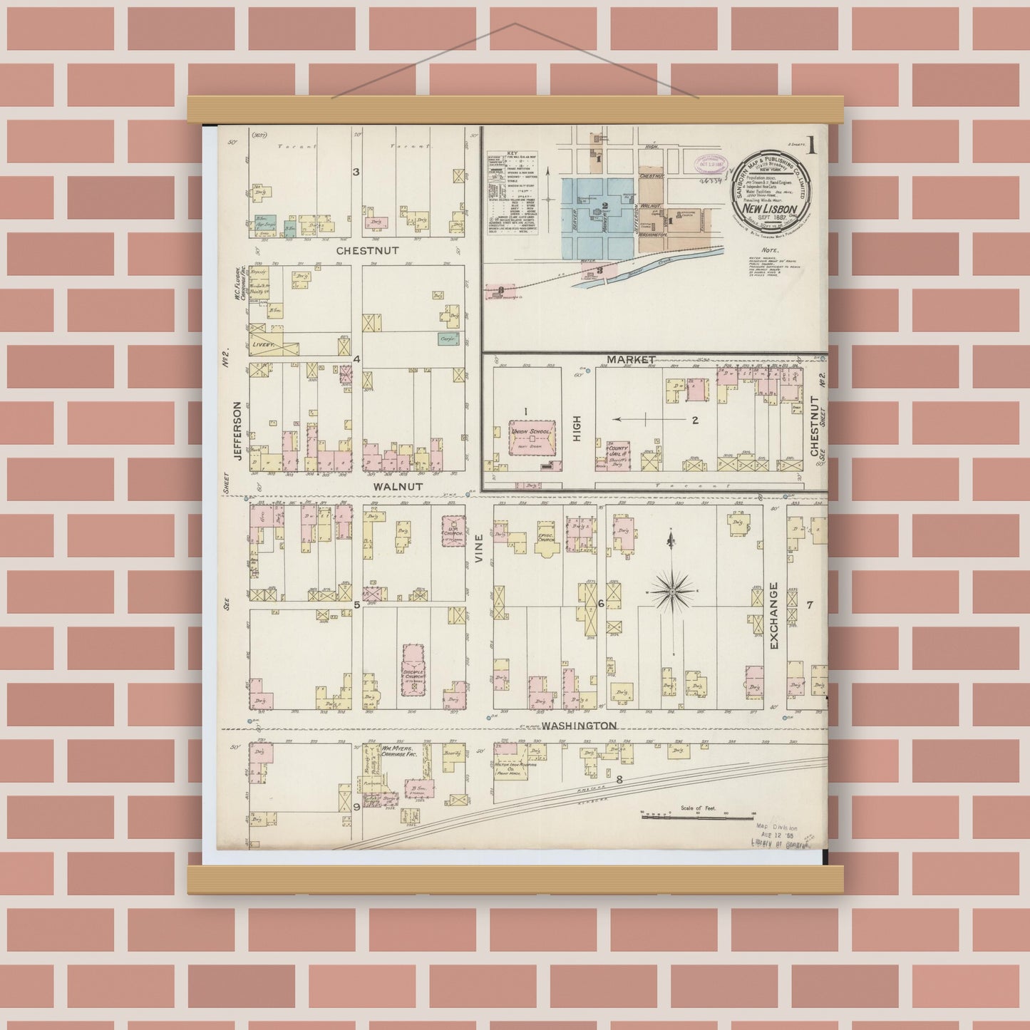 Old map wall art mockup — magnetic wood frame on brick wall — Sanborn Fire Insurance Map from New Lisbon, Columbiana County, Ohio (1887), Sheet #0001