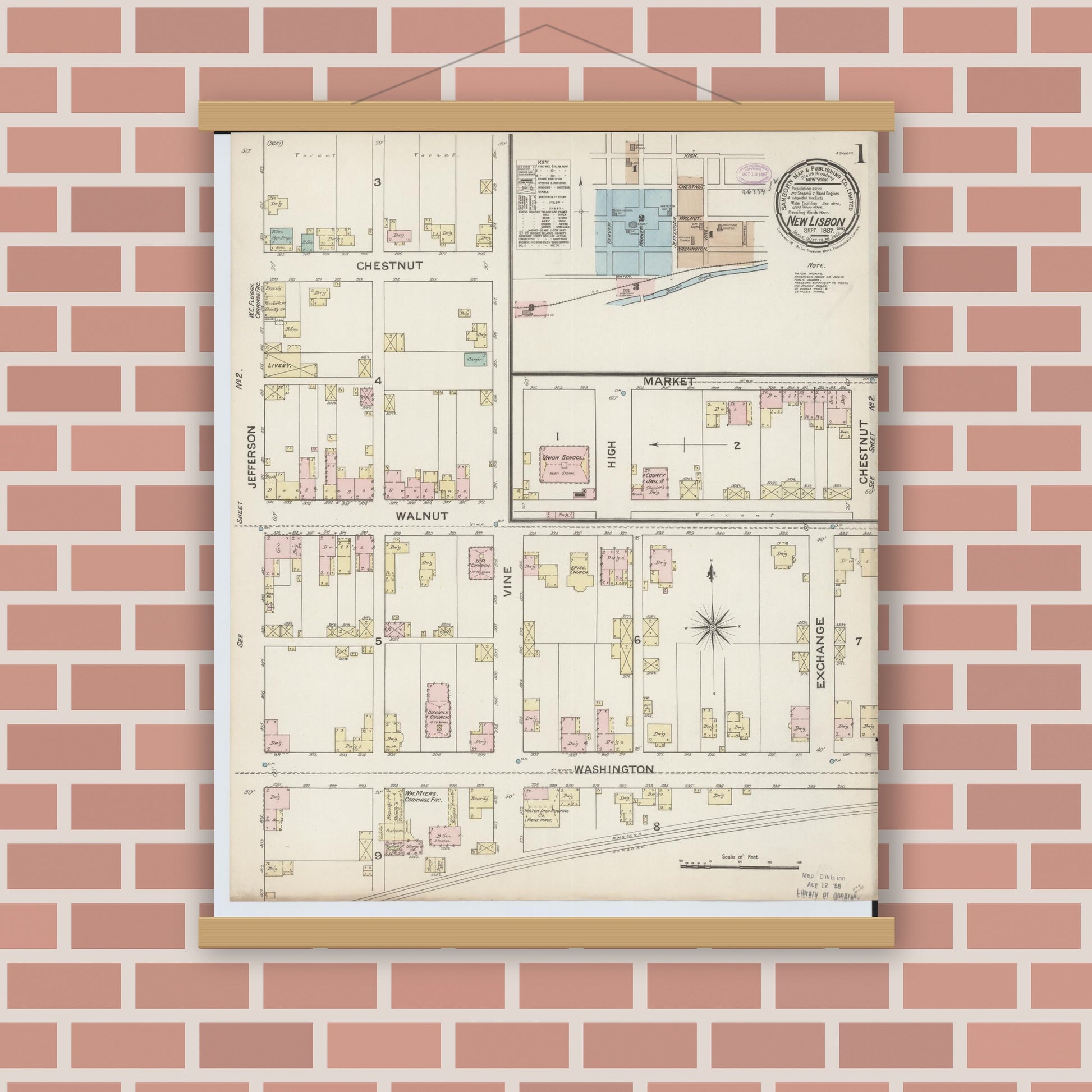 Old map wall art mockup — magnetic wood frame on brick wall — Sanborn Fire Insurance Map from New Lisbon, Columbiana County, Ohio (1887), Sheet #0001
