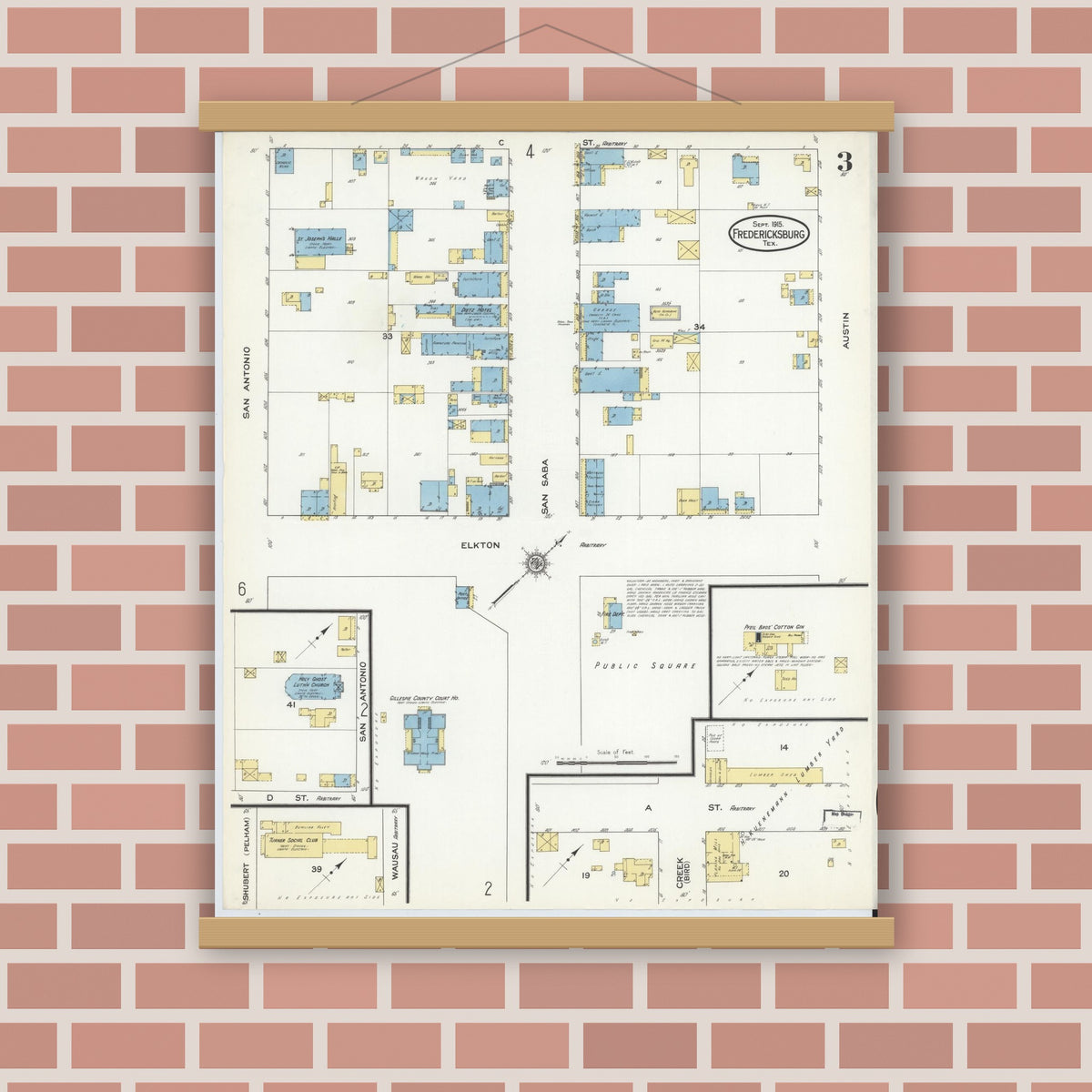 Old map wall art mockup — magnetic wood frame on brick wall — Sanborn Fire Insurance Map from Fredericksburg, Gillespie County, Texas (1915), Sheet #0003