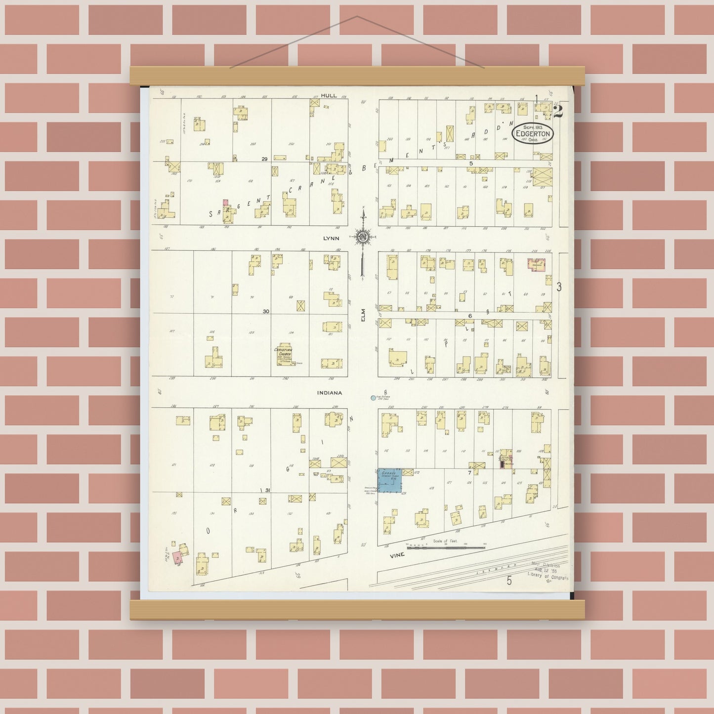 Old map wall art mockup — magnetic wood frame on brick wall — Sanborn Fire Insurance Map from Edgerton, Williams County, Ohio (1913), Sheet #0002