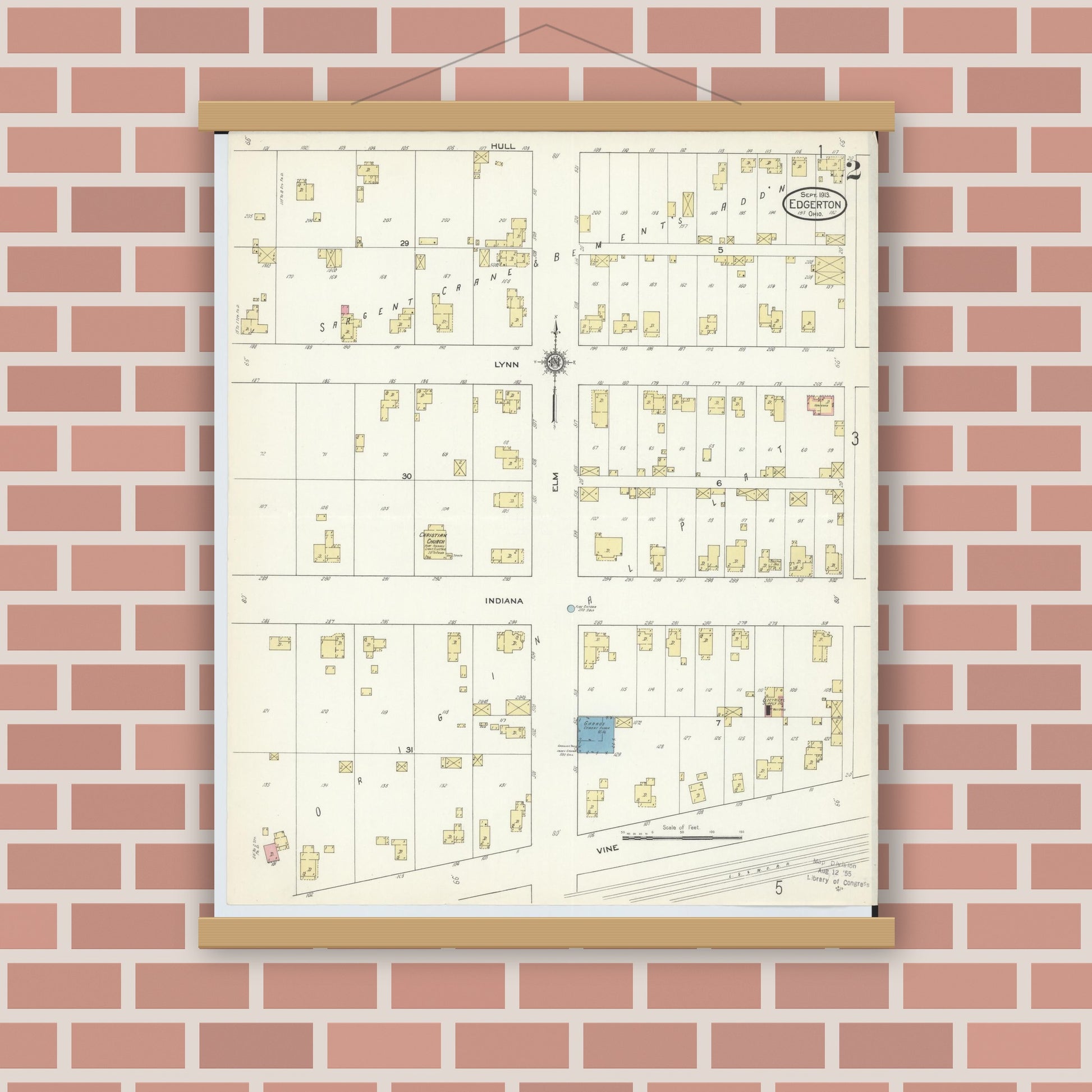 Old map wall art mockup — magnetic wood frame on brick wall — Sanborn Fire Insurance Map from Edgerton, Williams County, Ohio (1913), Sheet #0002