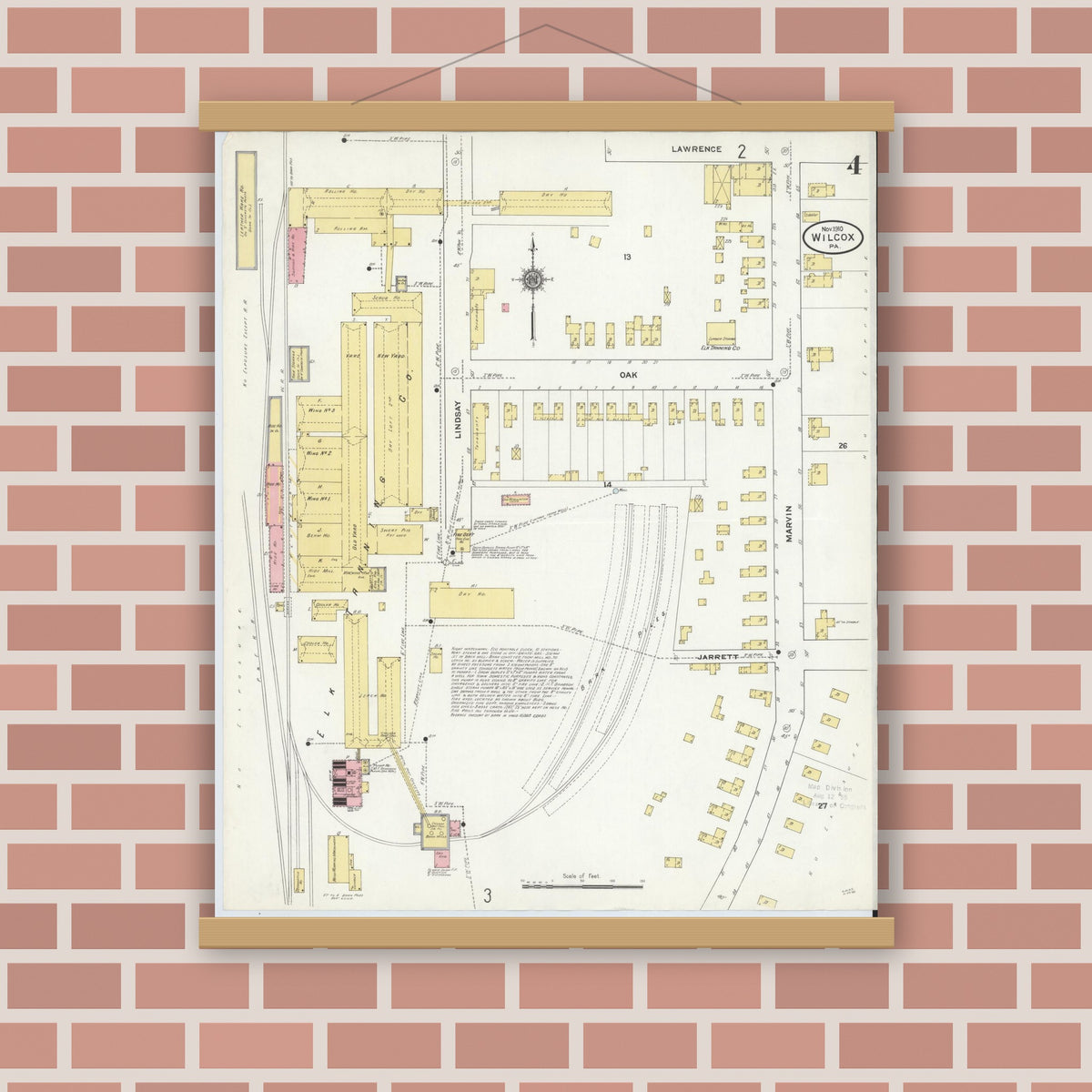 Old map wall art mockup — magnetic wood frame on brick wall — Sanborn Fire Insurance Map from Wilcox, Elk County, Pennsylvania (1910), Sheet #0004