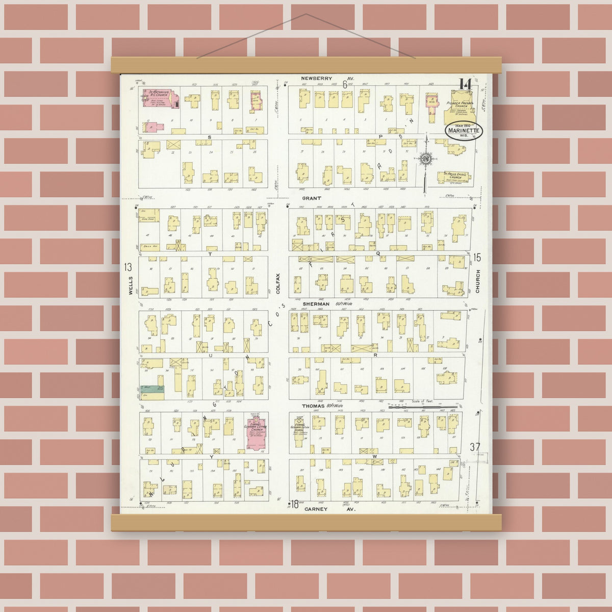 Old map wall art mockup — magnetic wood frame on brick wall — Sanborn Fire Insurance Map from Marinette, Marinette County, Wisconsin (1910), Sheet #0014