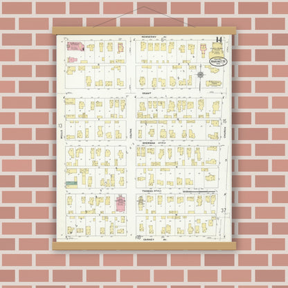 Old map wall art mockup — magnetic wood frame on brick wall — Sanborn Fire Insurance Map from Marinette, Marinette County, Wisconsin (1910), Sheet #0014