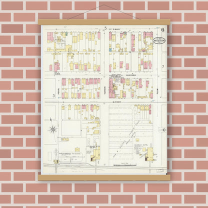 Old map wall art mockup — magnetic wood frame on brick wall — Sanborn Fire Insurance Map from Madison, Jefferson County, Indiana (1897), Sheet #0006