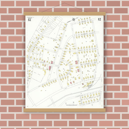 Old map wall art mockup — magnetic wood frame on brick wall — Sanborn Fire Insurance Map from Kannapolis, Rowan And Cabarrus Counties, North Carolina (1932), Sheet #0012