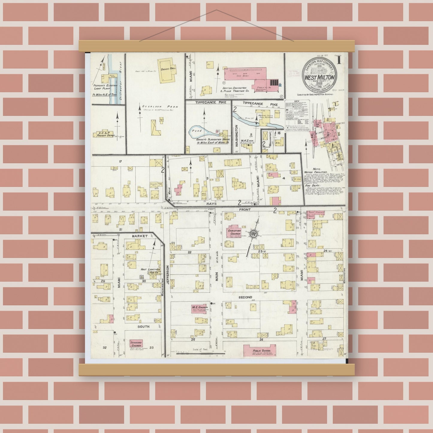 Old map wall art mockup — magnetic wood frame on brick wall — Sanborn Fire Insurance Map from West Milton, Miami County, Ohio (1912), Sheet #0001