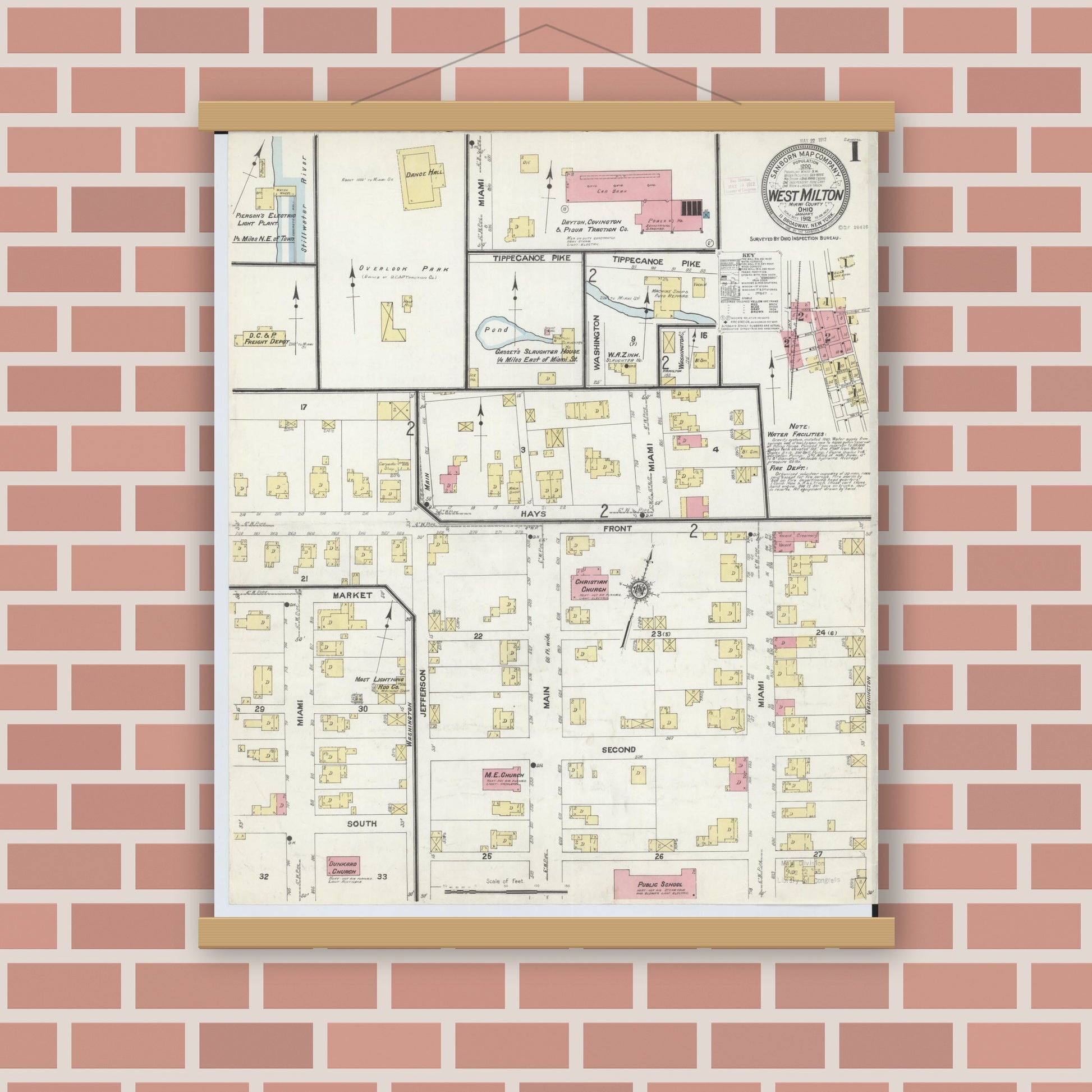 Old map wall art mockup — magnetic wood frame on brick wall — Sanborn Fire Insurance Map from West Milton, Miami County, Ohio (1912), Sheet #0001