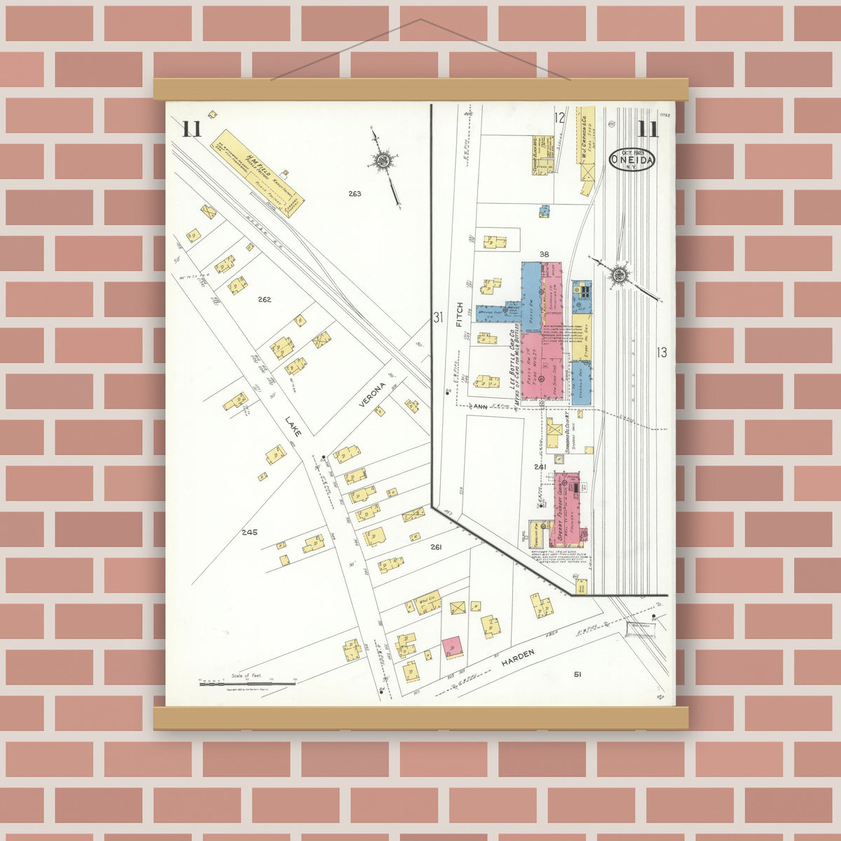 Old map wall art mockup — magnetic wood frame on brick wall — Sanborn Fire Insurance Map from Oneida, Madison County, New York (1923), Sheet #0011