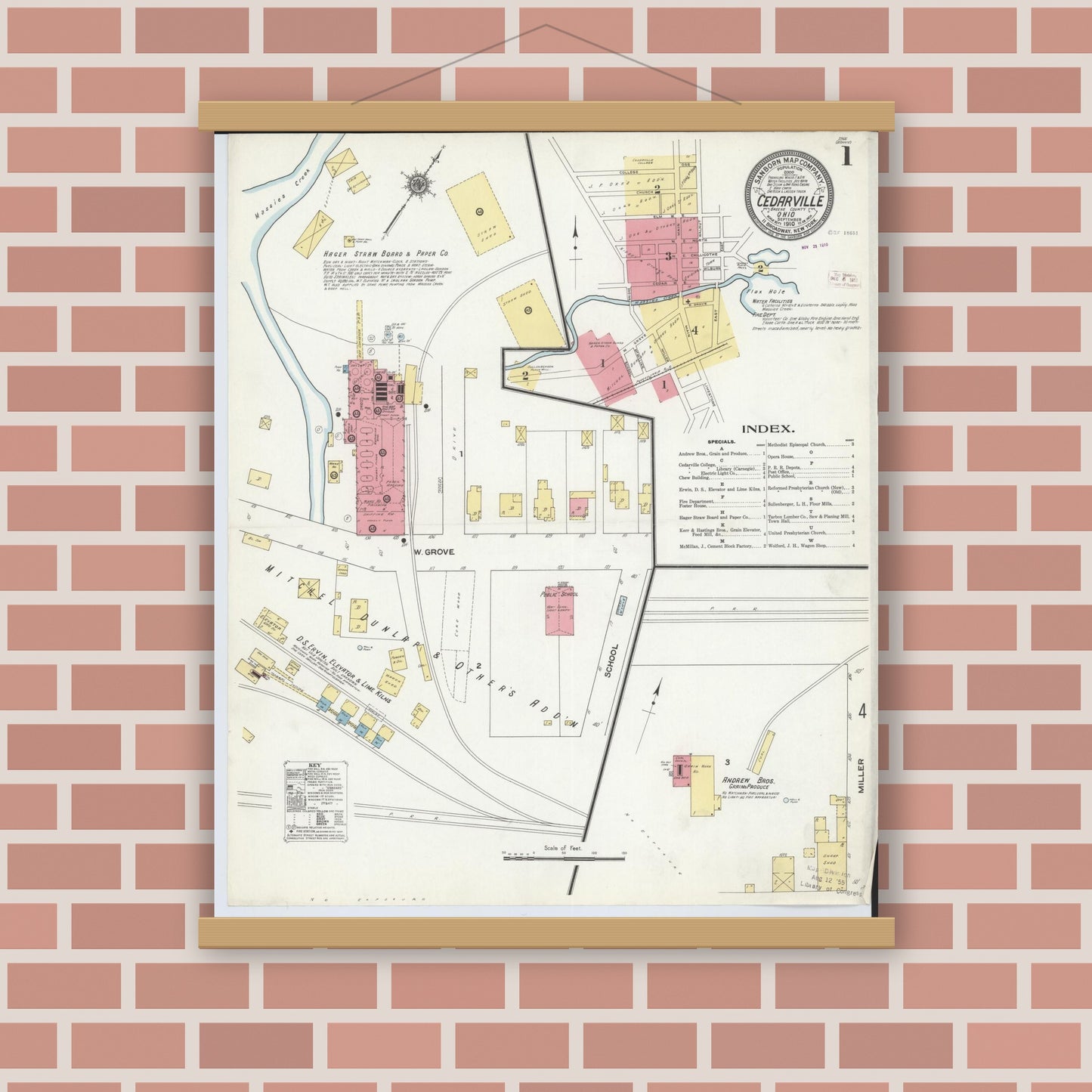 Old map wall art mockup — magnetic wood frame on brick wall — Sanborn Fire Insurance Map from Cedarville, Greene County, Ohio (1910), Sheet #0001