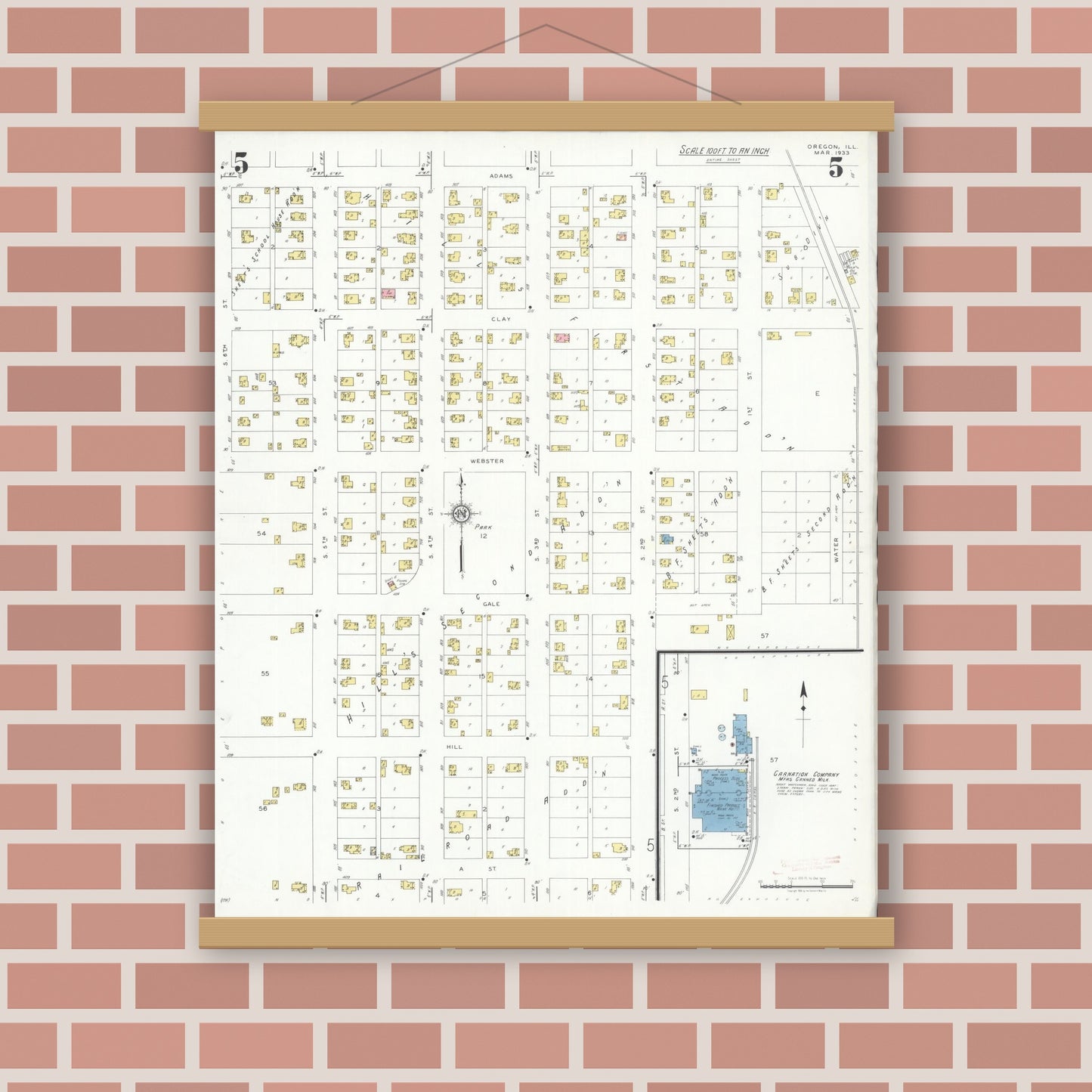 Old map wall art mockup — magnetic wood frame on brick wall — Sanborn Fire Insurance Map from Oregon, Ogle County, Illinois (1933), Sheet #0005