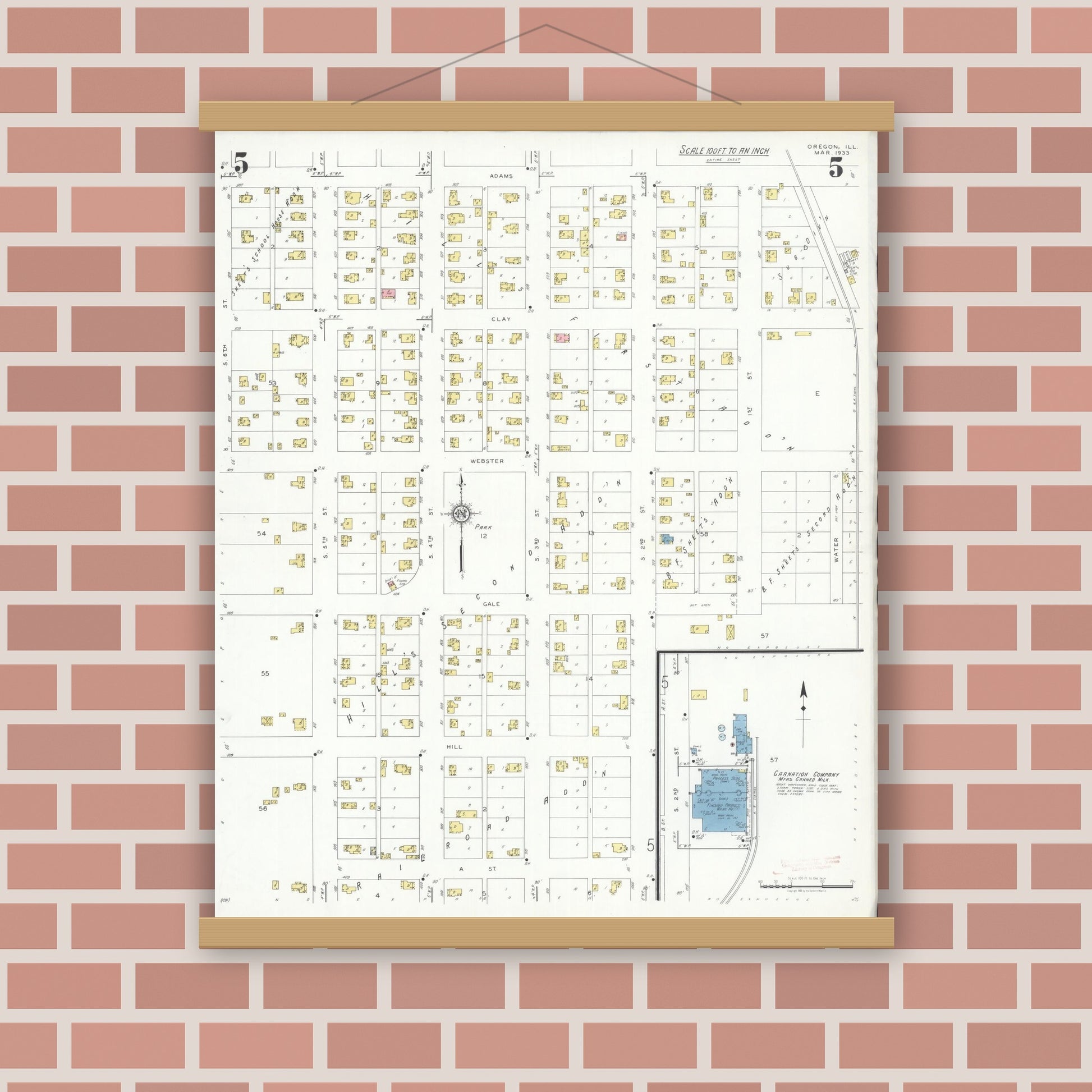 Old map wall art mockup — magnetic wood frame on brick wall — Sanborn Fire Insurance Map from Oregon, Ogle County, Illinois (1933), Sheet #0005