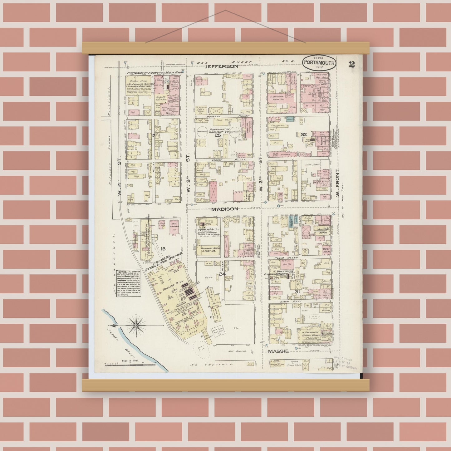 Old map wall art mockup — magnetic wood frame on brick wall — Sanborn Fire Insurance Map from Portsmouth, Scioto County, Ohio (1884), Sheet #0002