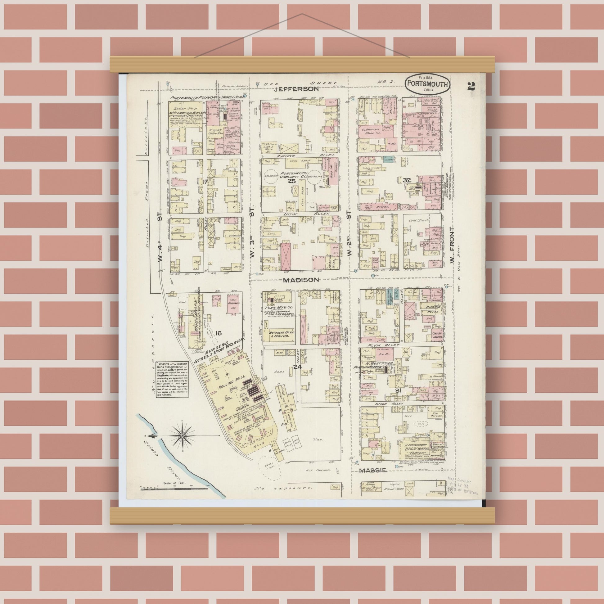 Old map wall art mockup — magnetic wood frame on brick wall — Sanborn Fire Insurance Map from Portsmouth, Scioto County, Ohio (1884), Sheet #0002