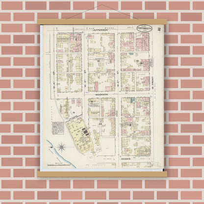 Old map wall art mockup — magnetic wood frame on brick wall — Sanborn Fire Insurance Map from Portsmouth, Scioto County, Ohio (1884), Sheet #0002