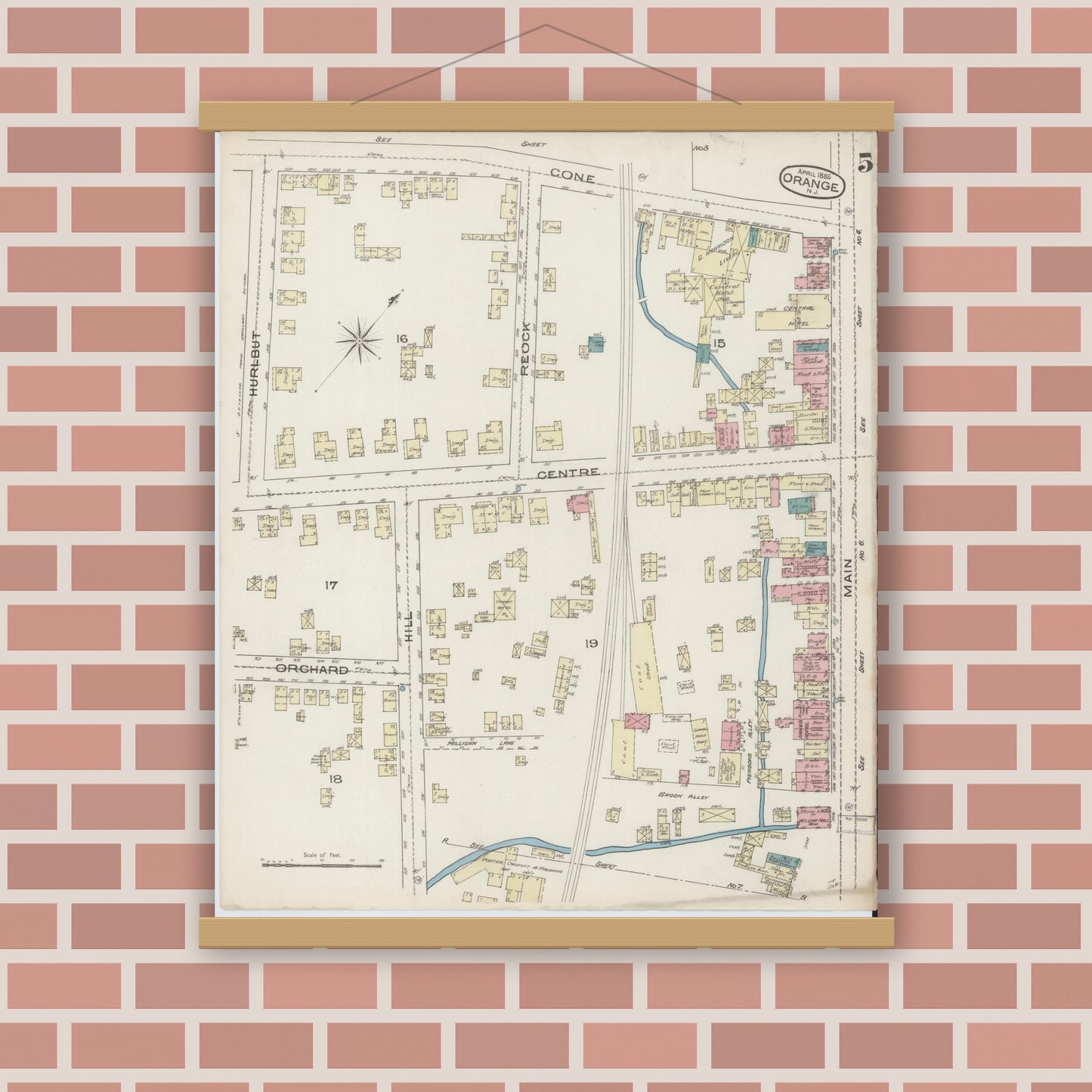 Old map wall art mockup — magnetic wood frame on brick wall — Sanborn Fire Insurance Map from Orange, Essex County, New Jersey (1885), Sheet #0005