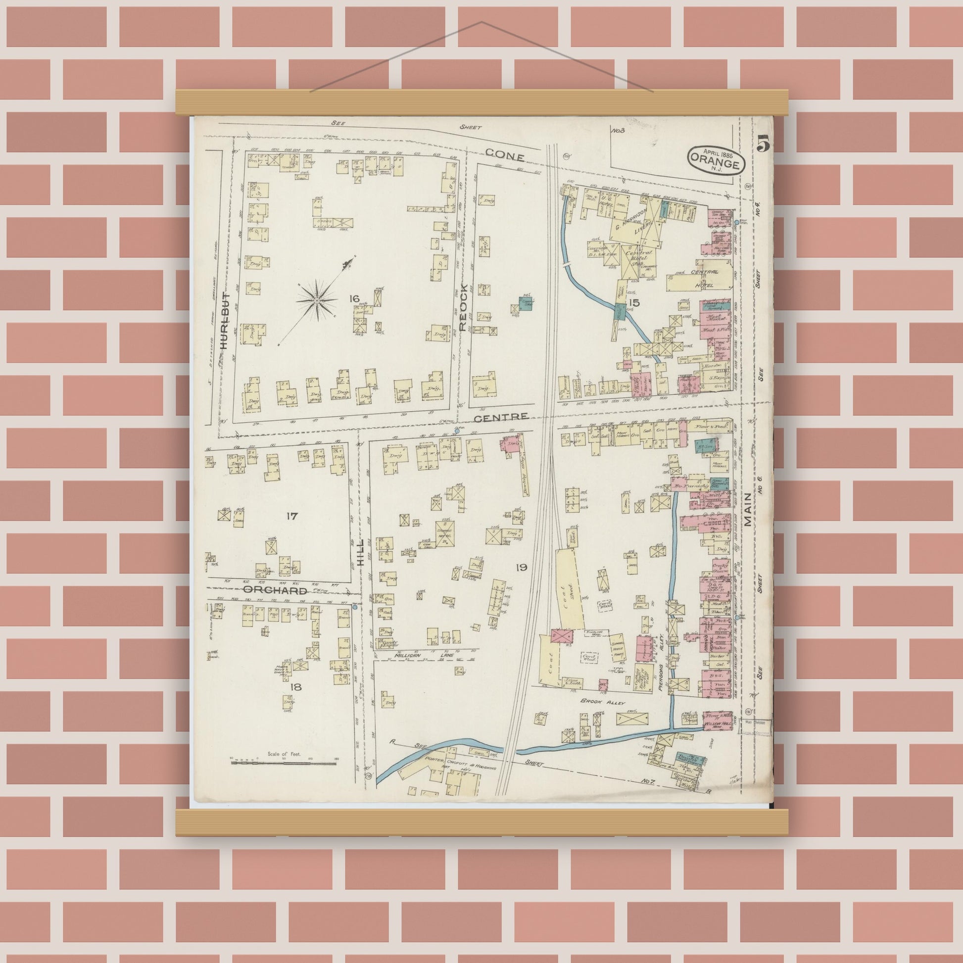 Old map wall art mockup — magnetic wood frame on brick wall — Sanborn Fire Insurance Map from Orange, Essex County, New Jersey (1885), Sheet #0005