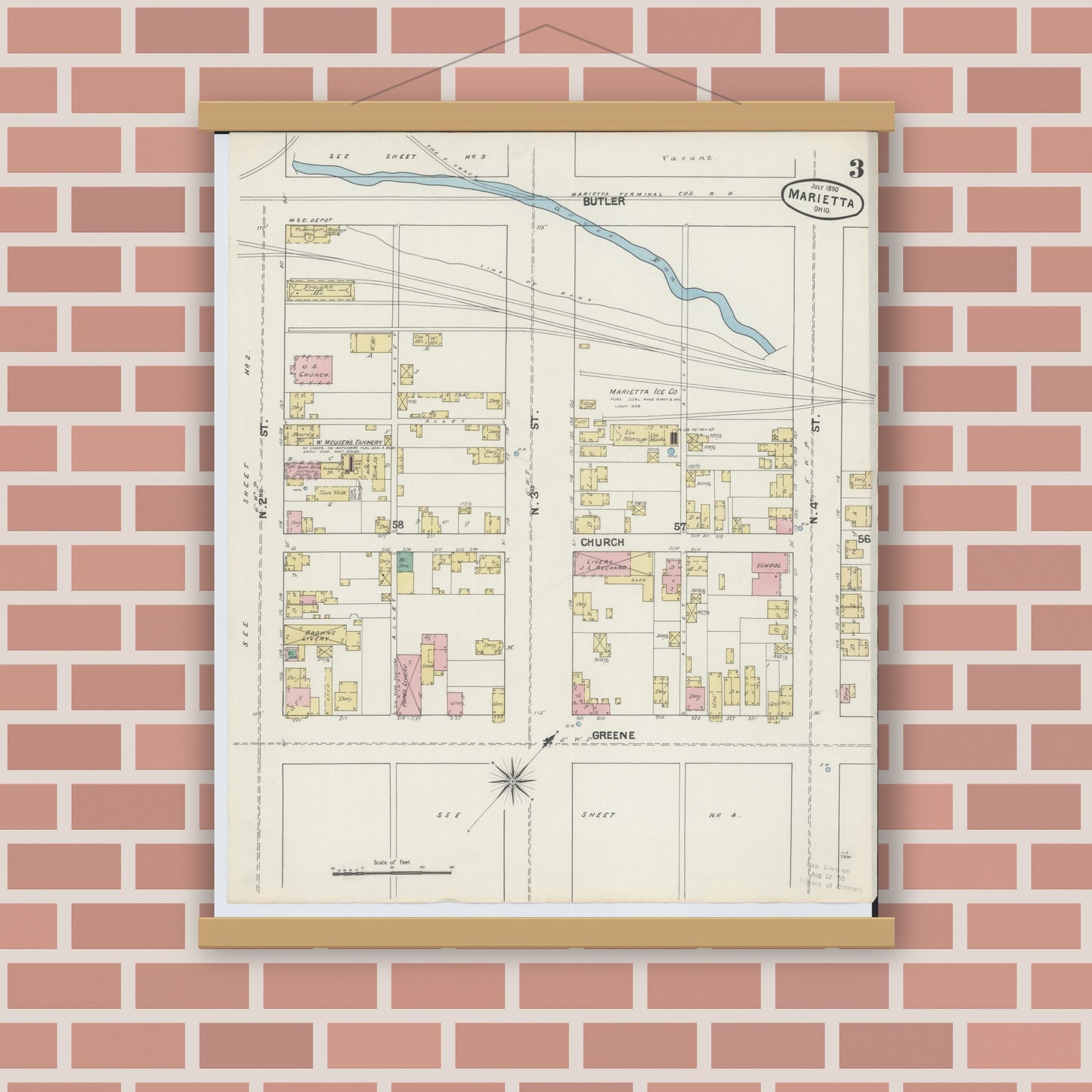 Old map wall art mockup — magnetic wood frame on brick wall — Sanborn Fire Insurance Map from Marietta, Washington County, Ohio (1890), Sheet #0003