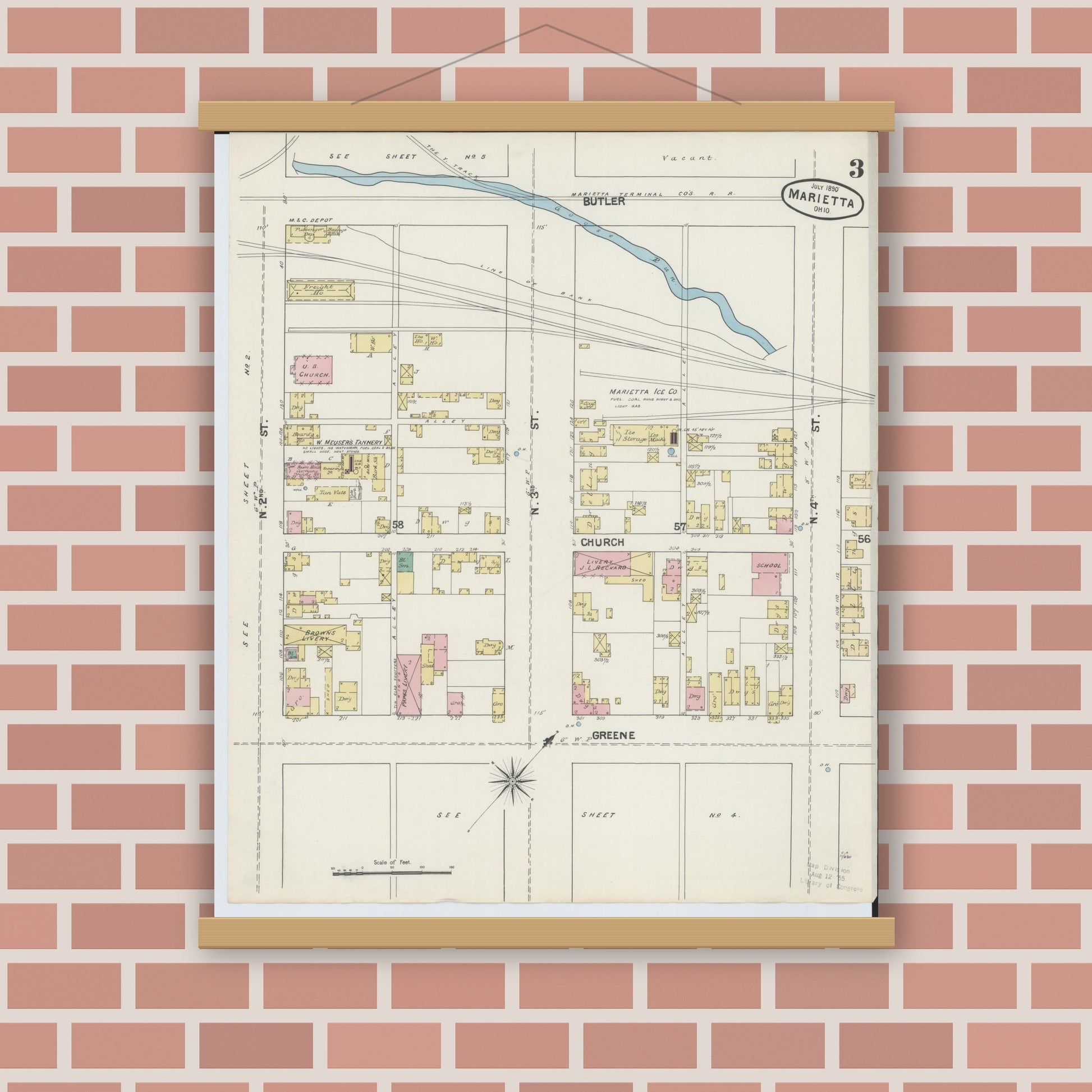 Old map wall art mockup — magnetic wood frame on brick wall — Sanborn Fire Insurance Map from Marietta, Washington County, Ohio (1890), Sheet #0003
