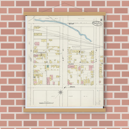 Old map wall art mockup — magnetic wood frame on brick wall — Sanborn Fire Insurance Map from Marietta, Washington County, Ohio (1890), Sheet #0003