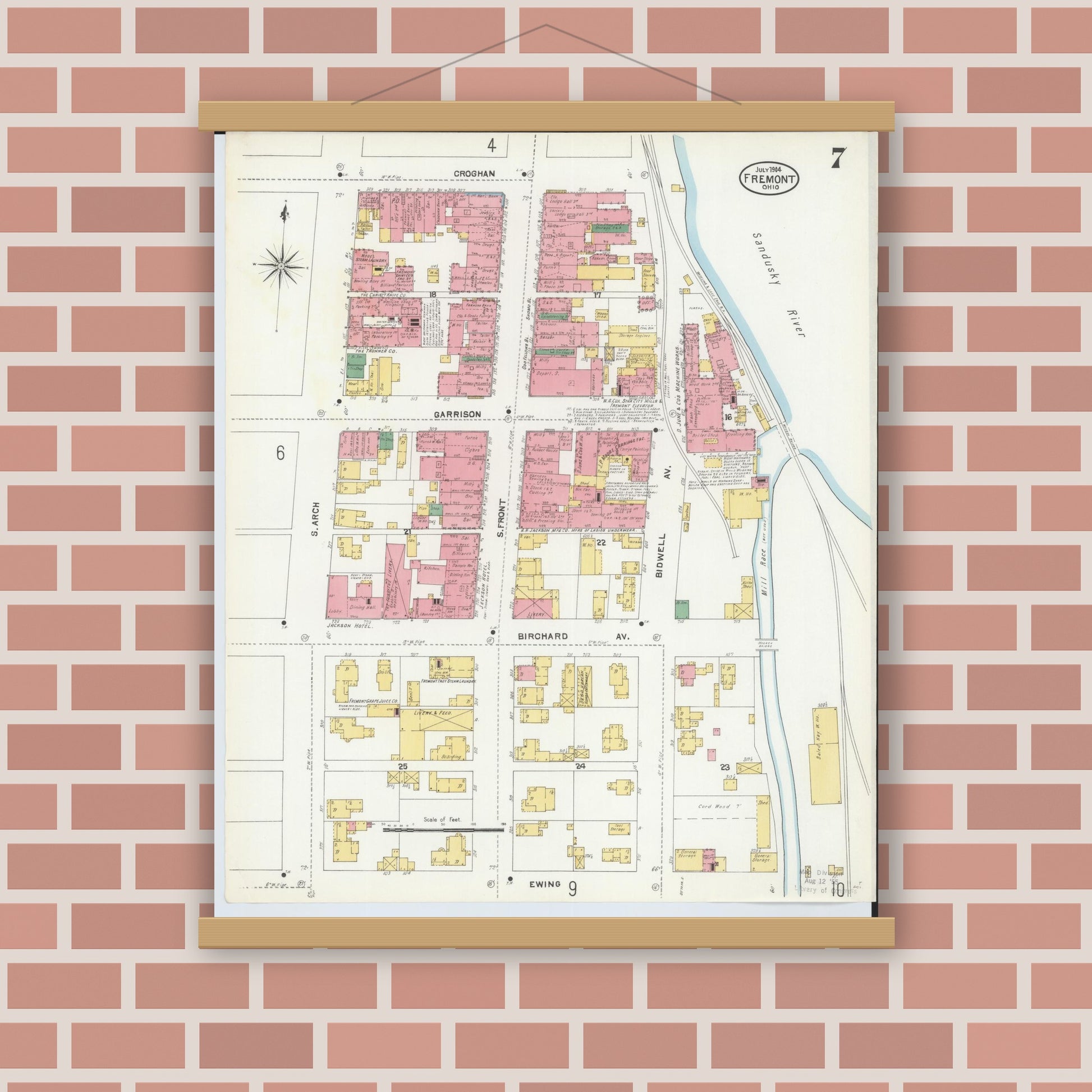 Old map wall art mockup — magnetic wood frame on brick wall — Sanborn Fire Insurance Map from Fremont, Sandusky County, Ohio (1904), Sheet #0007