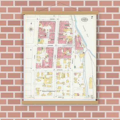 Old map wall art mockup — magnetic wood frame on brick wall — Sanborn Fire Insurance Map from Fremont, Sandusky County, Ohio (1904), Sheet #0007