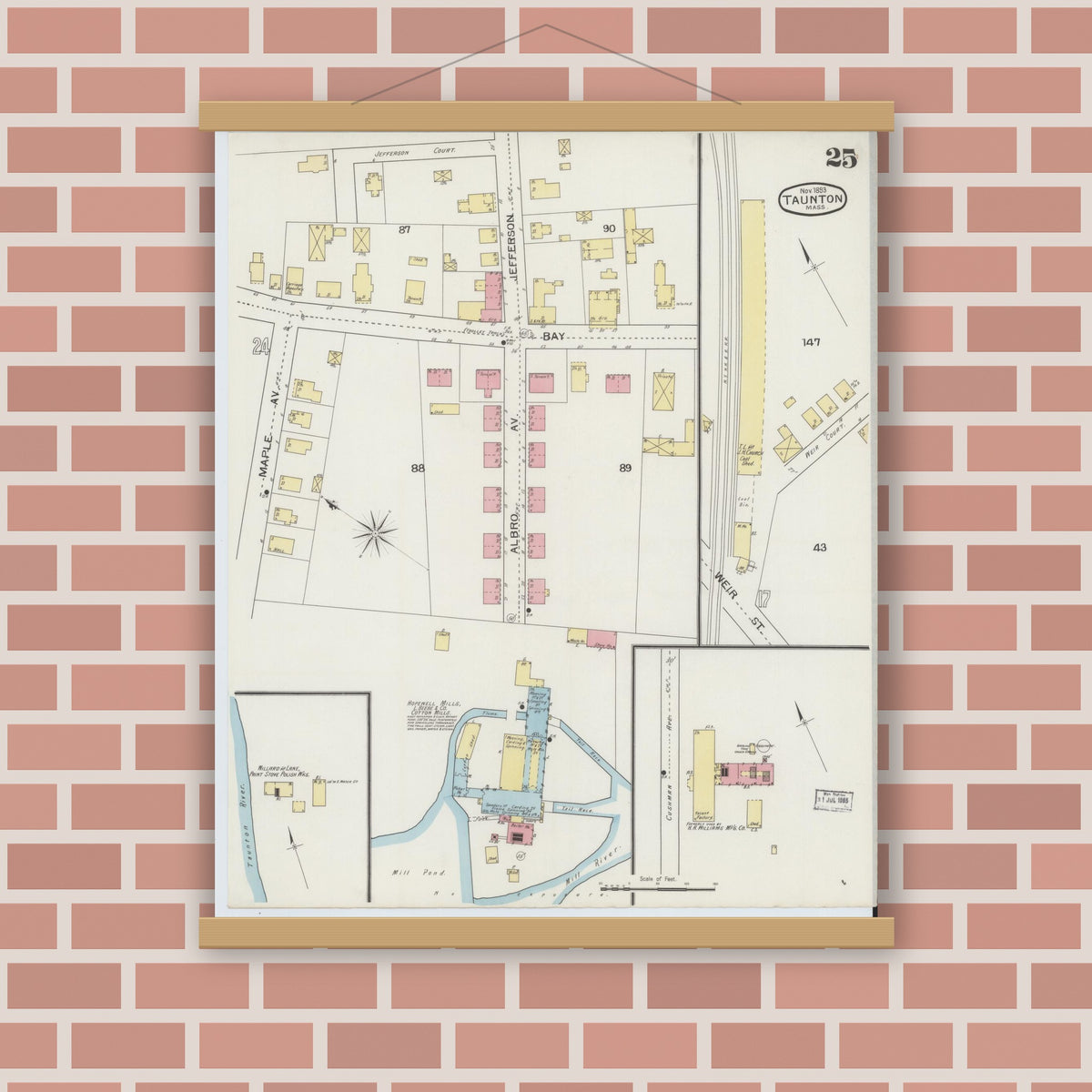 Old map wall art mockup — magnetic wood frame on brick wall — Sanborn Fire Insurance Map from Taunton, Bristol County, Massachusetts (1893), Sheet #0025