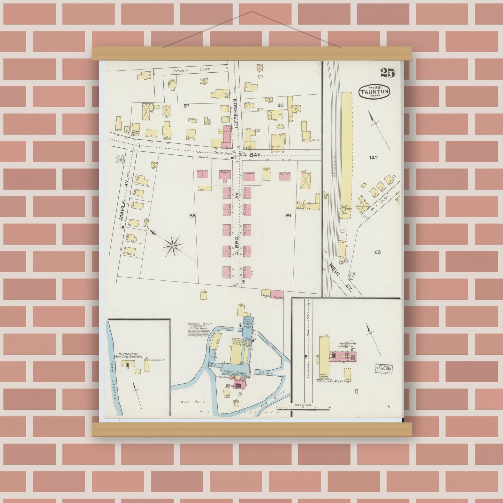 Old map wall art mockup — magnetic wood frame on brick wall — Sanborn Fire Insurance Map from Taunton, Bristol County, Massachusetts (1893), Sheet #0025