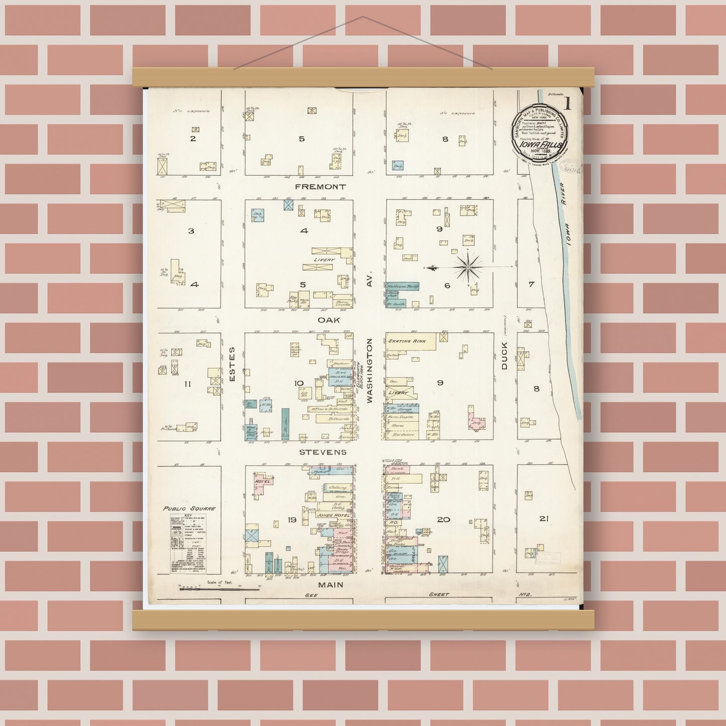 Old map wall art mockup — magnetic wood frame on brick wall — Sanborn Fire Insurance Map from Iowa Falls, Hardin County, Iowa (1885) â€” Complete Set