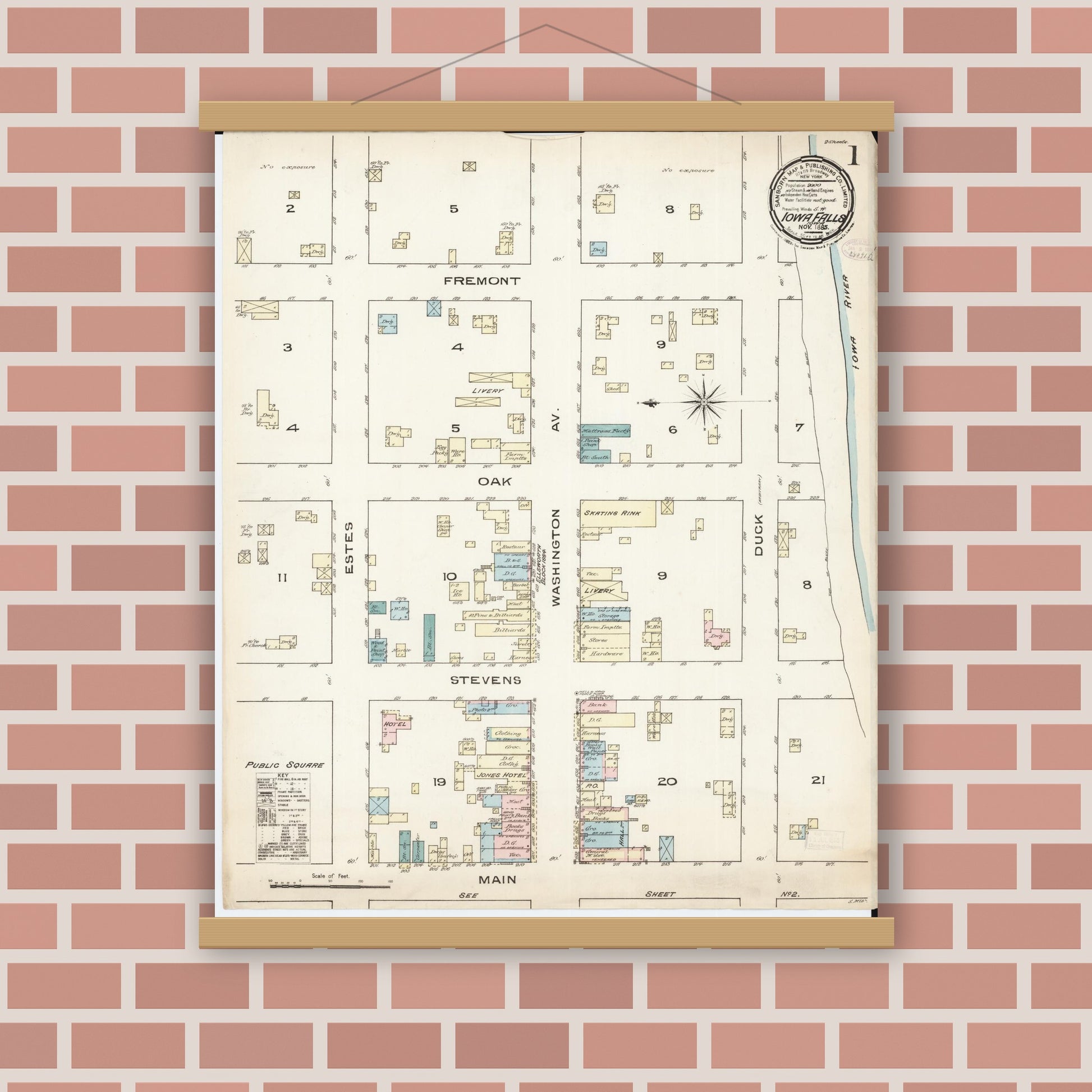 Old map wall art mockup — magnetic wood frame on brick wall — Sanborn Fire Insurance Map from Iowa Falls, Hardin County, Iowa (1885) â€” Complete Set