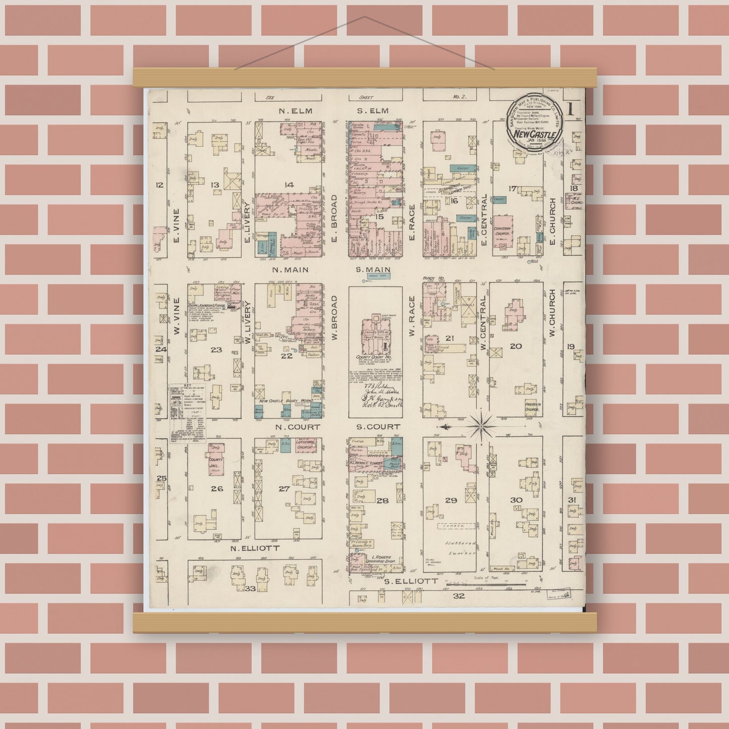 Old map wall art mockup — magnetic wood frame on brick wall — Sanborn Fire Insurance Map from New Castle, Henry County, Indiana (1886) - Complete Map Set