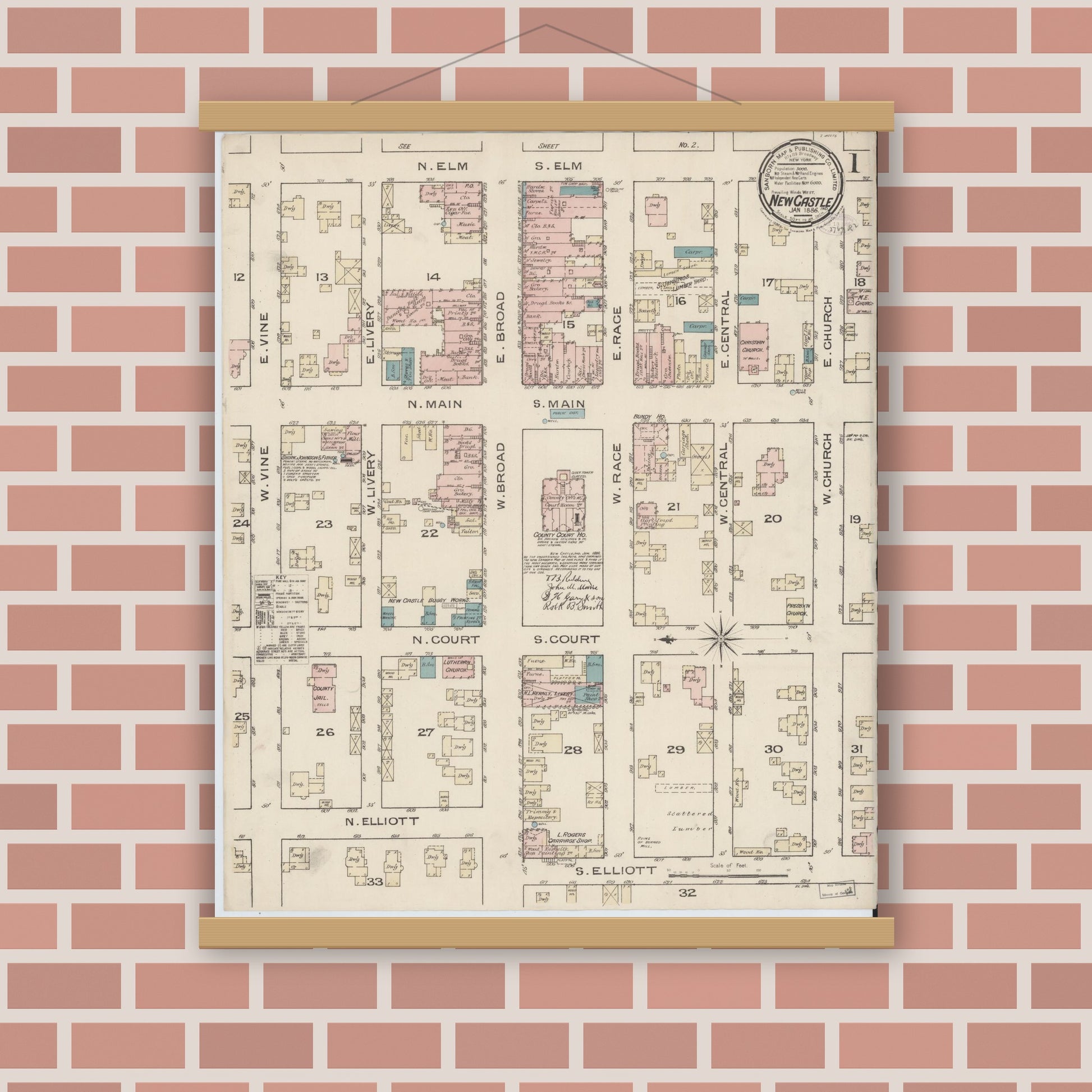 Old map wall art mockup — magnetic wood frame on brick wall — Sanborn Fire Insurance Map from New Castle, Henry County, Indiana (1886) - Complete Map Set