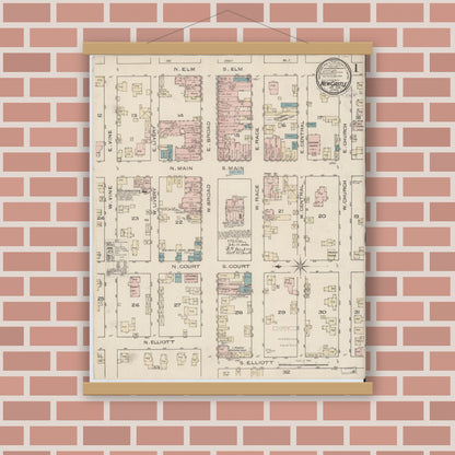 Old map wall art mockup — magnetic wood frame on brick wall — Sanborn Fire Insurance Map from New Castle, Henry County, Indiana (1886) - Complete Map Set