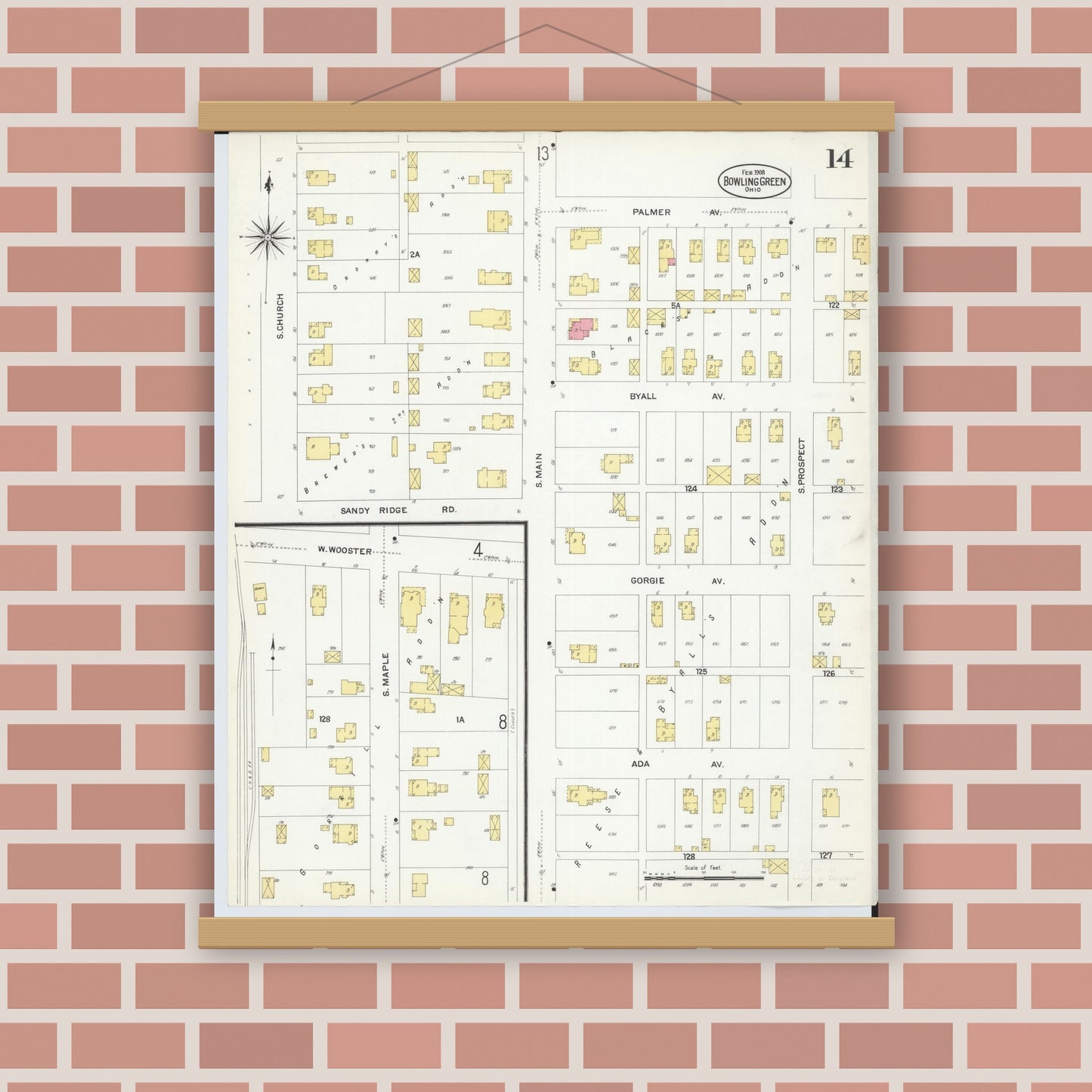 Old map wall art mockup — magnetic wood frame on brick wall — Sanborn Fire Insurance Map from Bowling Green, Wood County, Ohio (1908), Sheet #0014