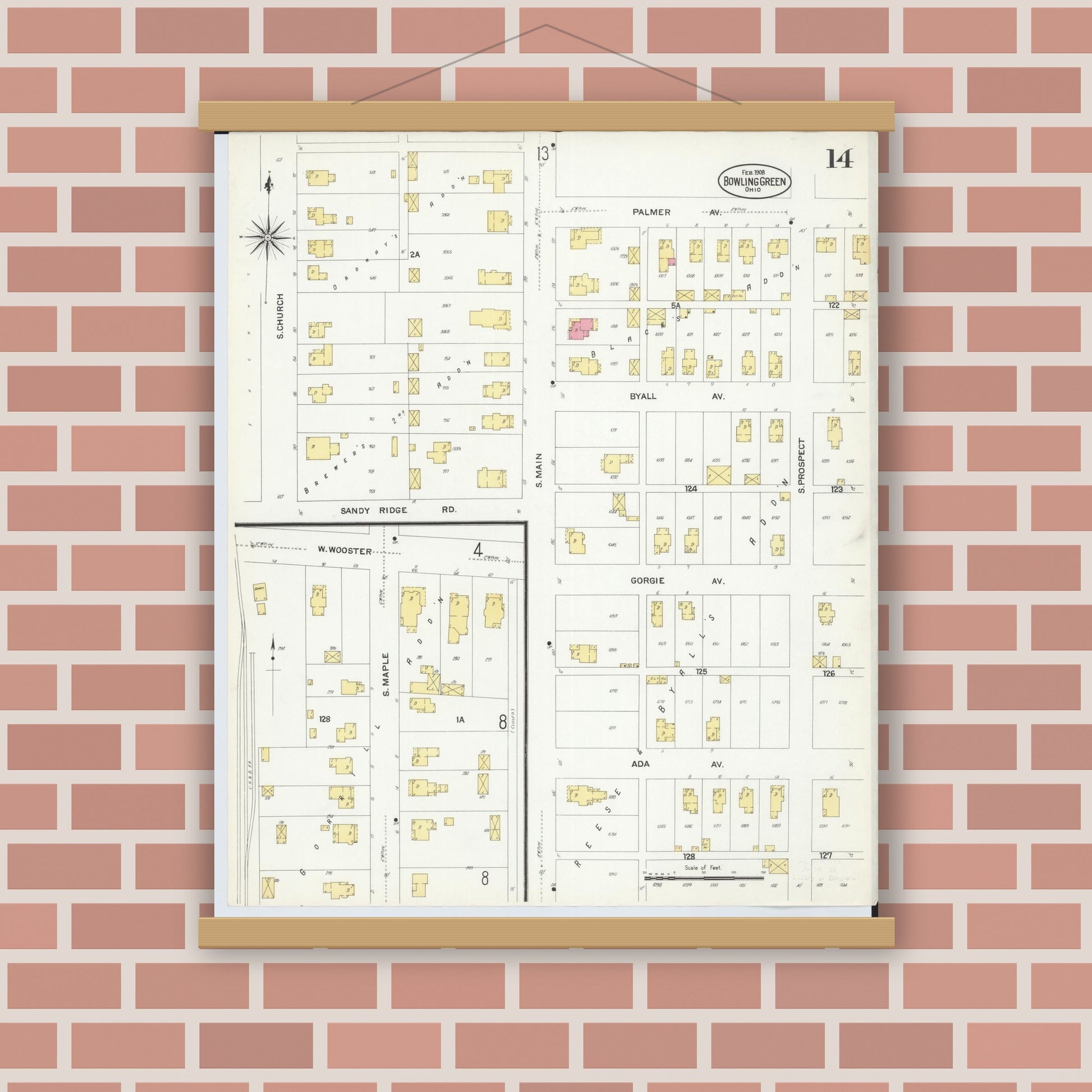 Old map wall art mockup — magnetic wood frame on brick wall — Sanborn Fire Insurance Map from Bowling Green, Wood County, Ohio (1908), Sheet #0014