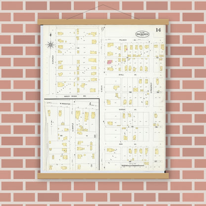 Old map wall art mockup — magnetic wood frame on brick wall — Sanborn Fire Insurance Map from Bowling Green, Wood County, Ohio (1908), Sheet #0014