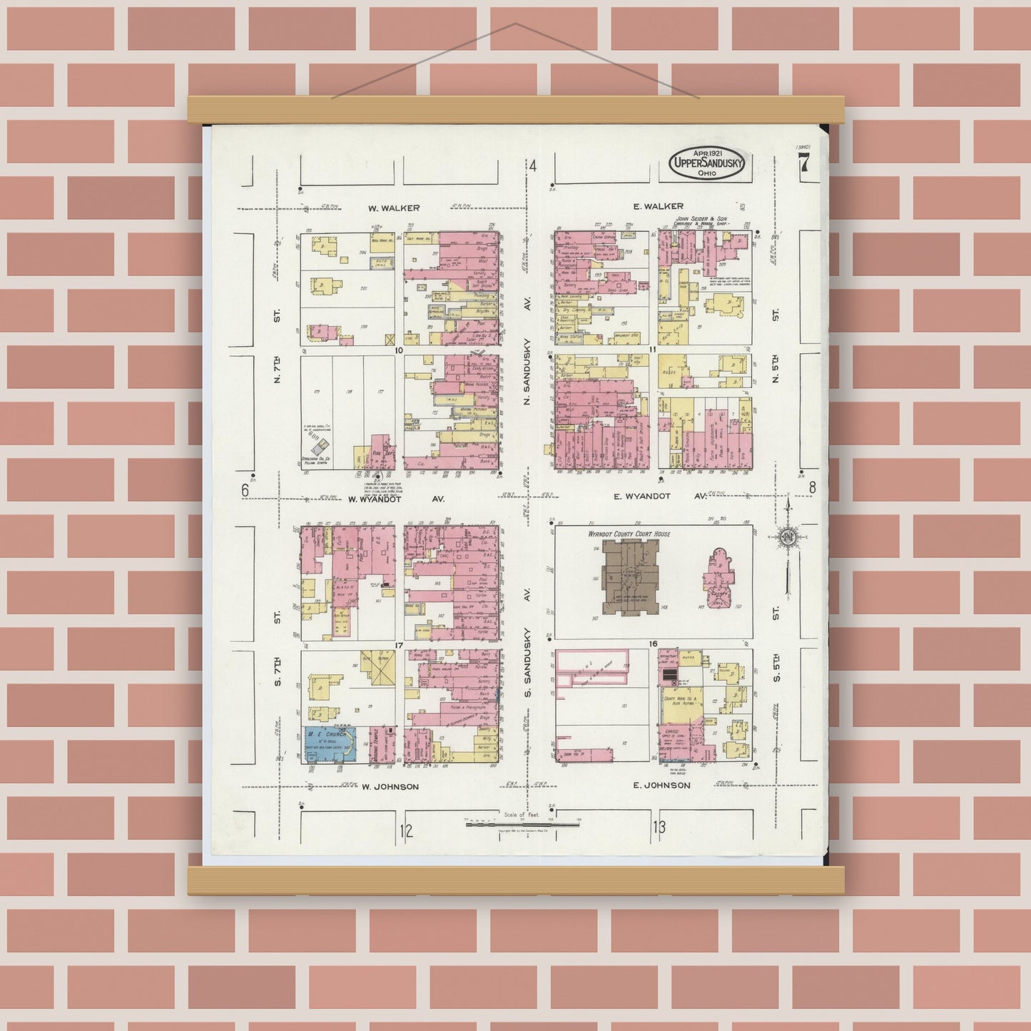 Old map wall art mockup — magnetic wood frame on brick wall — Sanborn Fire Insurance Map from Upper Sandusky, Wyandot County, Ohio (1921), Sheet #0007