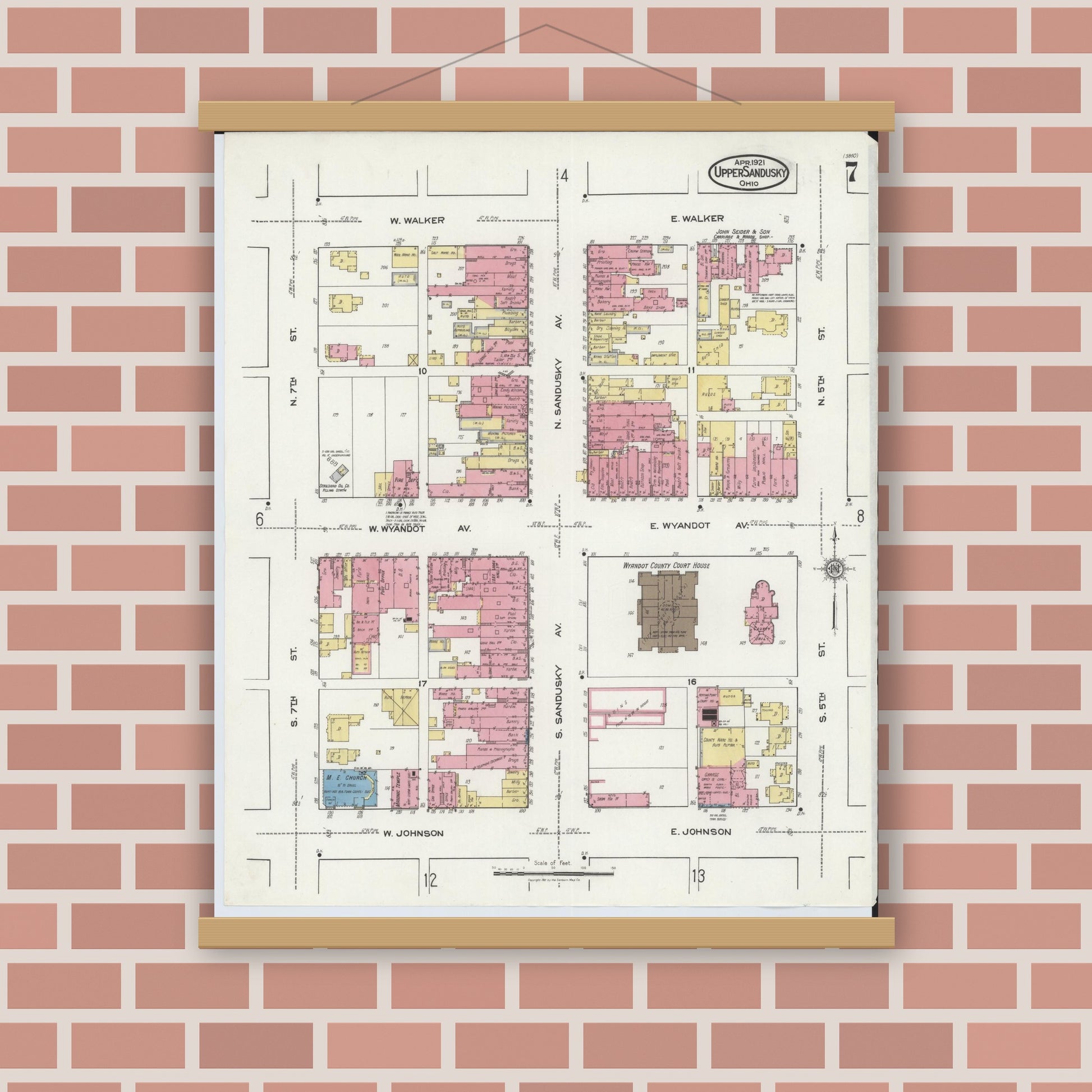 Old map wall art mockup — magnetic wood frame on brick wall — Sanborn Fire Insurance Map from Upper Sandusky, Wyandot County, Ohio (1921), Sheet #0007