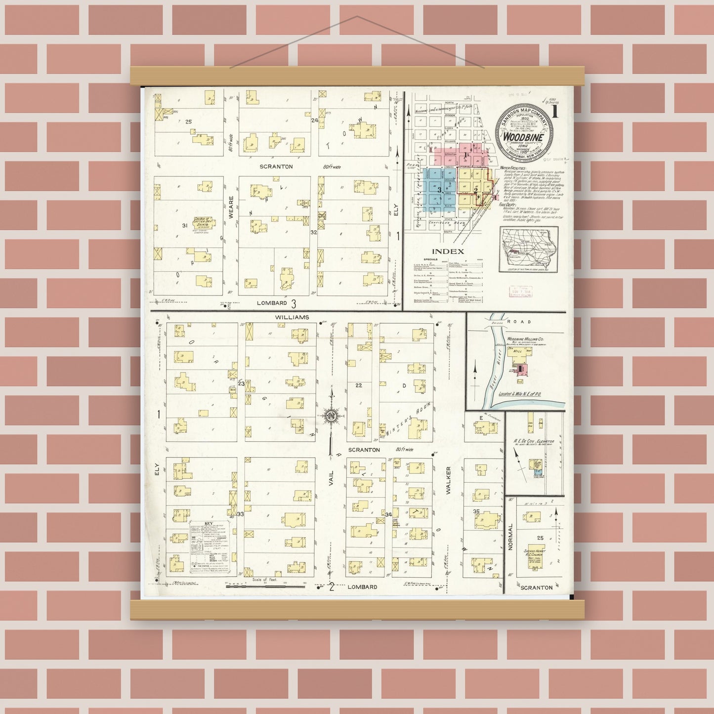 Old map wall art mockup — magnetic wood frame on brick wall — Sanborn Fire Insurance Map from Woodbine, Harrison County, Iowa (1913), Sheet #0001